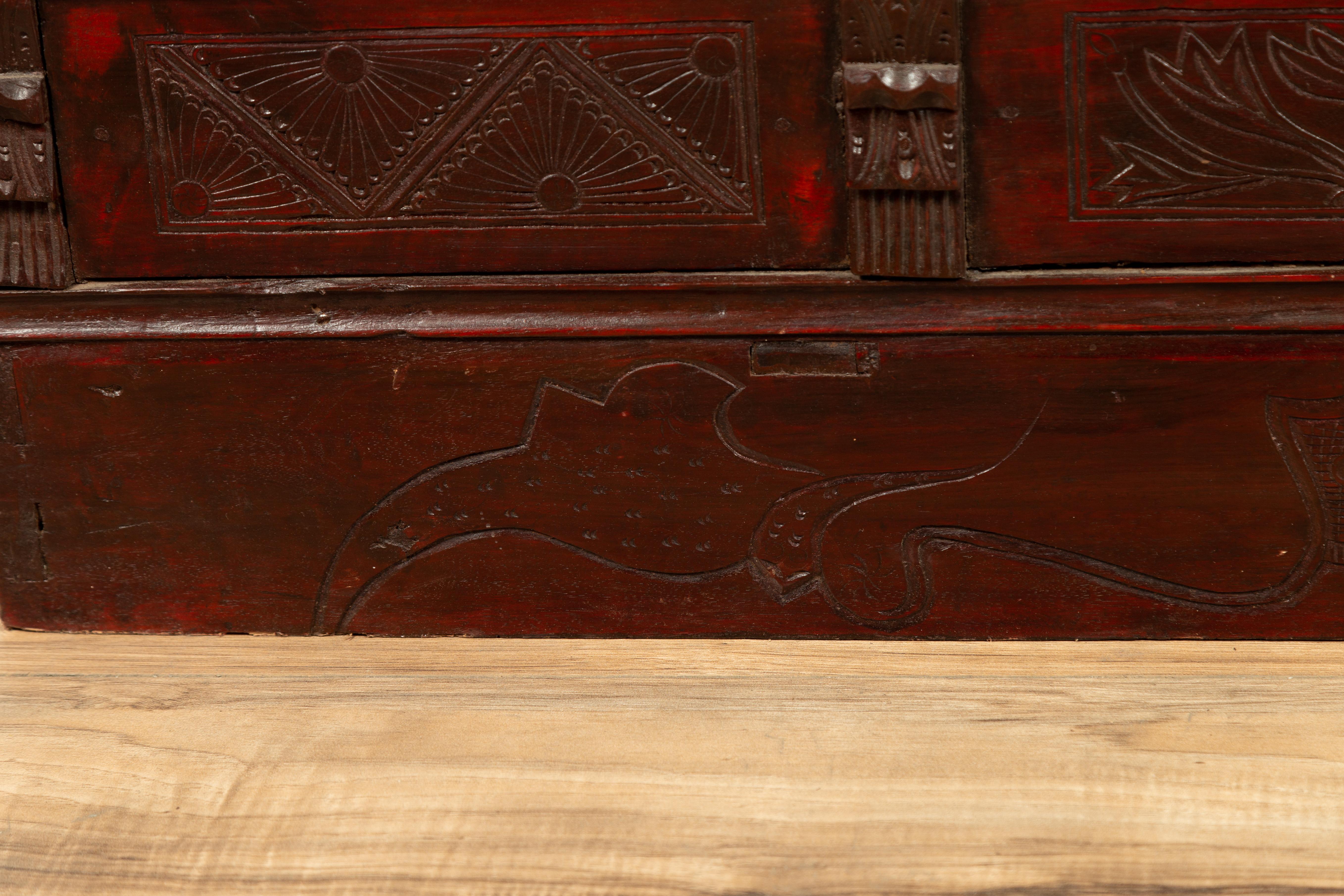 Chinese Antique Red Lacquered Trunk with Incised and Carved Motifs and Handles 6