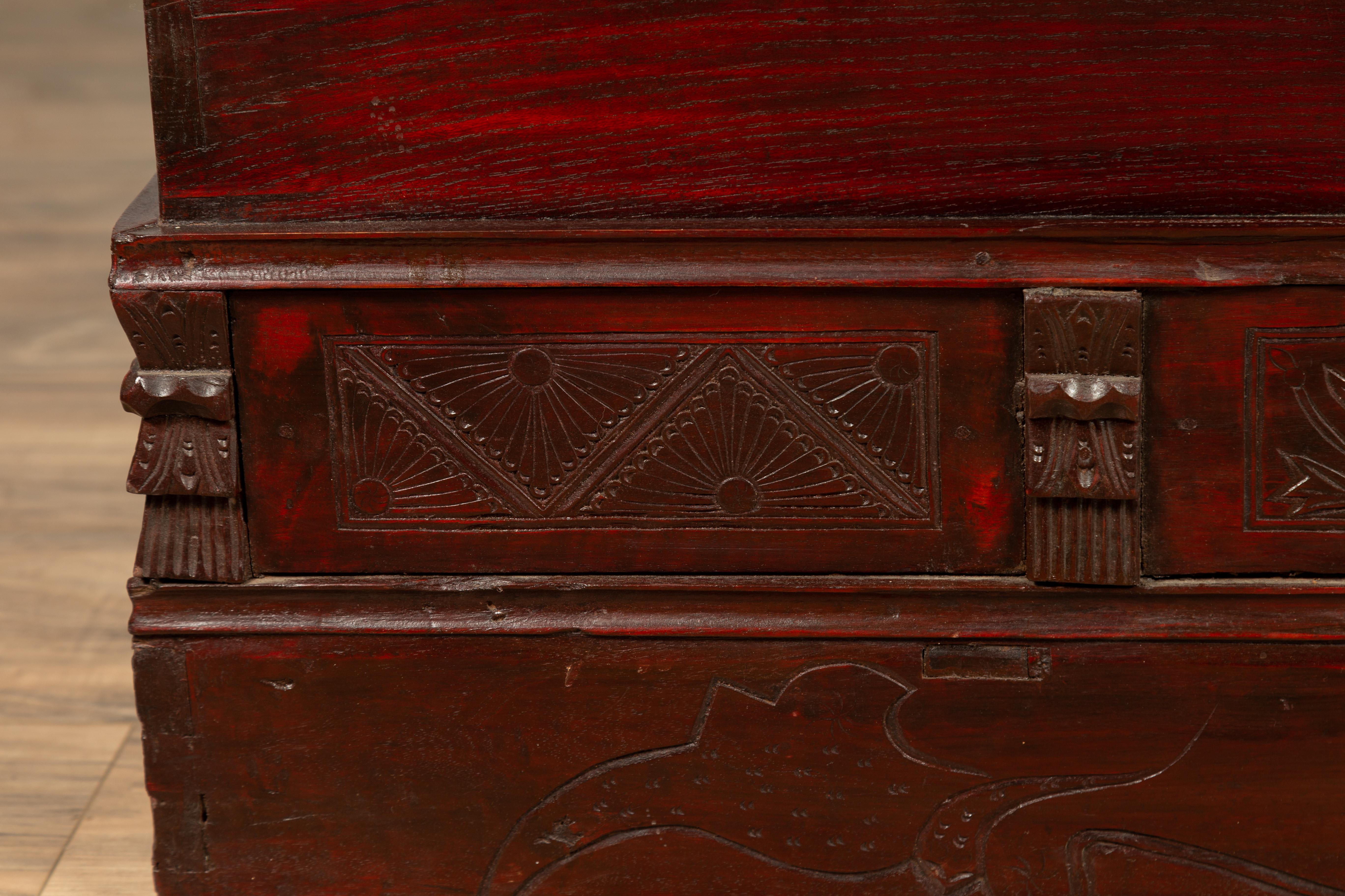 Chinese Antique Red Lacquered Trunk with Incised and Carved Motifs and Handles 1
