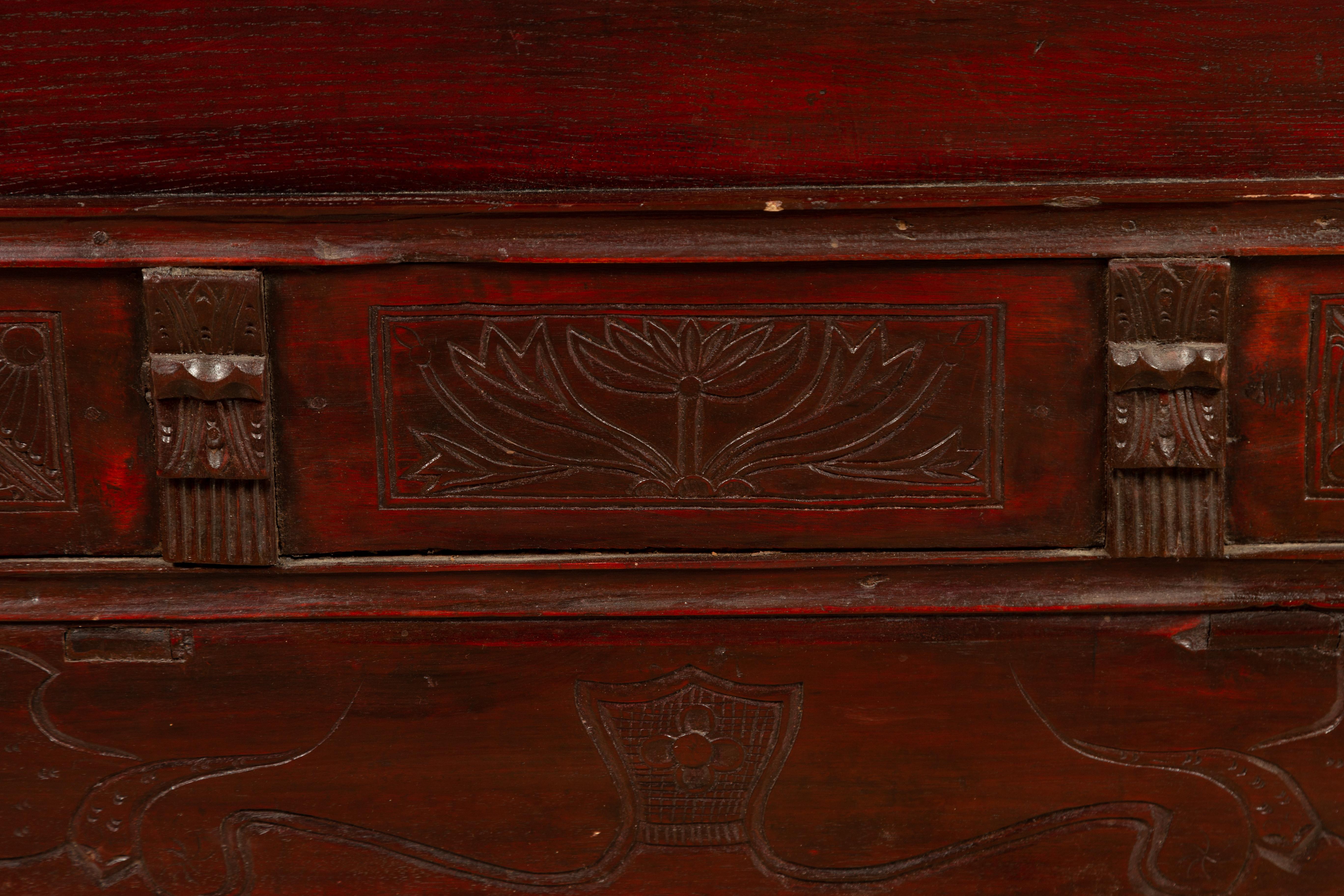 Chinese Antique Red Lacquered Trunk with Incised and Carved Motifs and Handles 2