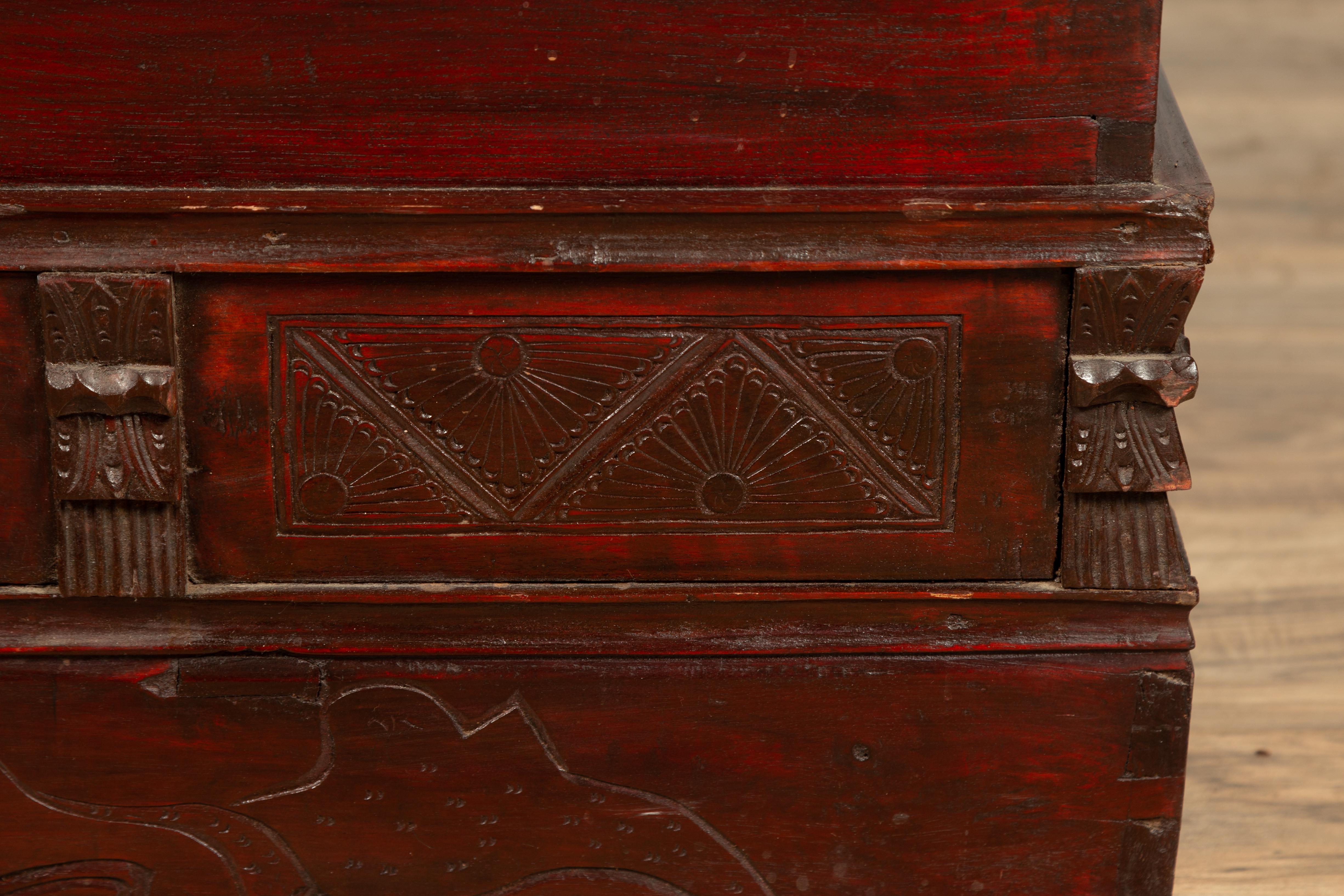 Chinese Antique Red Lacquered Trunk with Incised and Carved Motifs and Handles 3