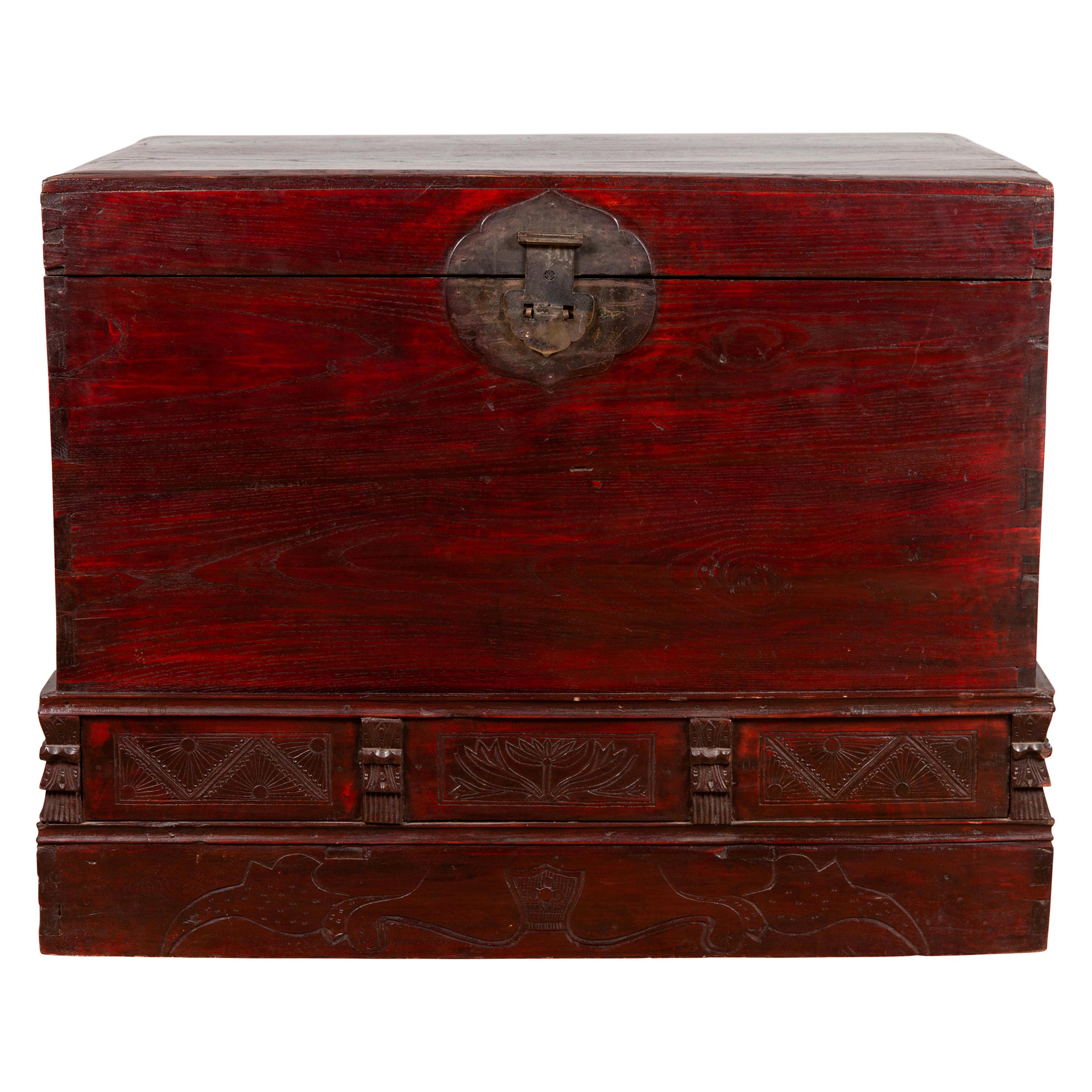 Chinese Antique Red Lacquered Trunk with Incised and Carved Motifs and Handles