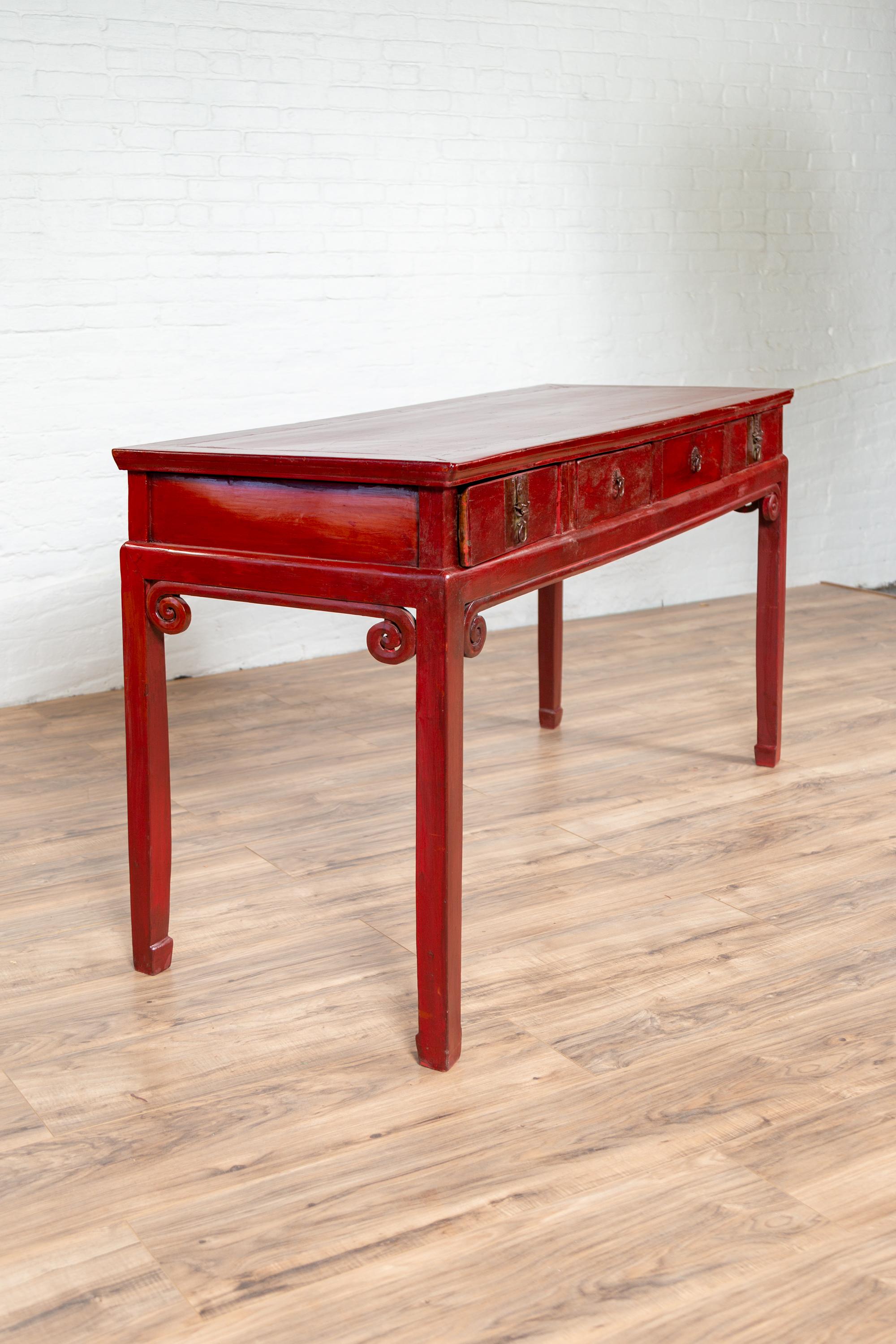Chinese Antique Red Lacquered Wooden Desk with Four Drawers and Curling Scrolls 4