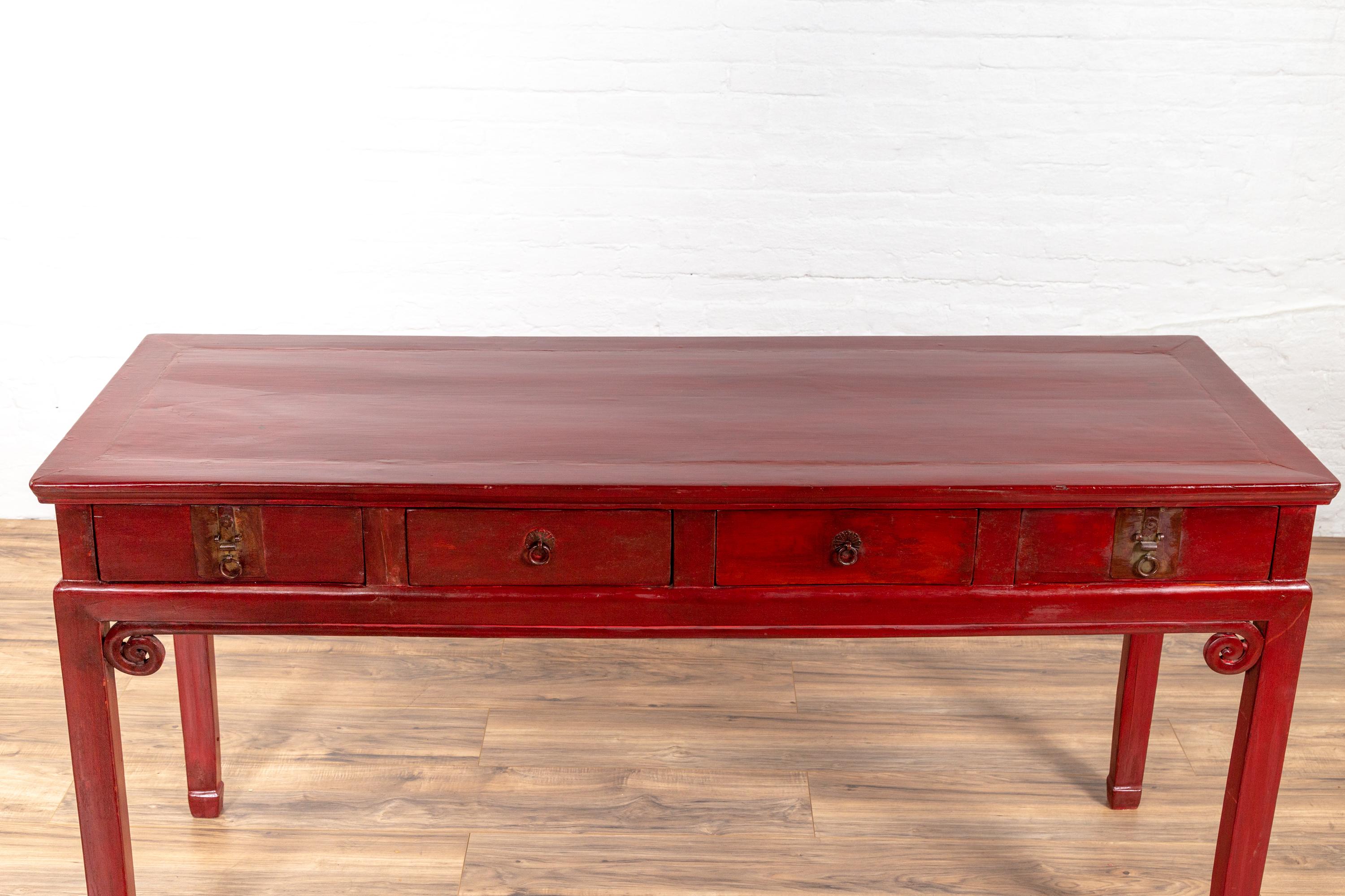 Chinese Antique Red Lacquered Wooden Desk with Four Drawers and Curling Scrolls 9