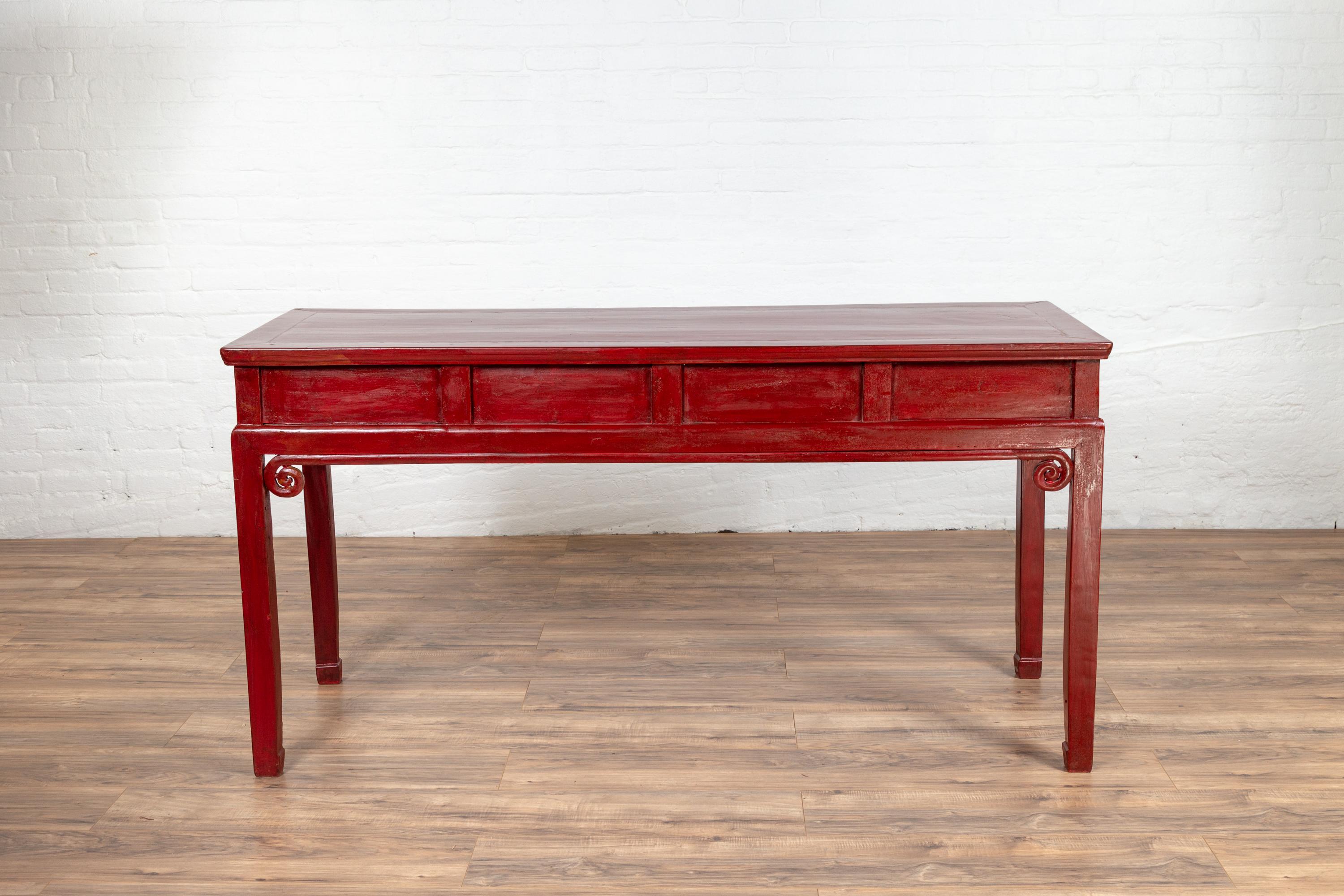 Chinese Antique Red Lacquered Wooden Desk with Four Drawers and Curling Scrolls 12