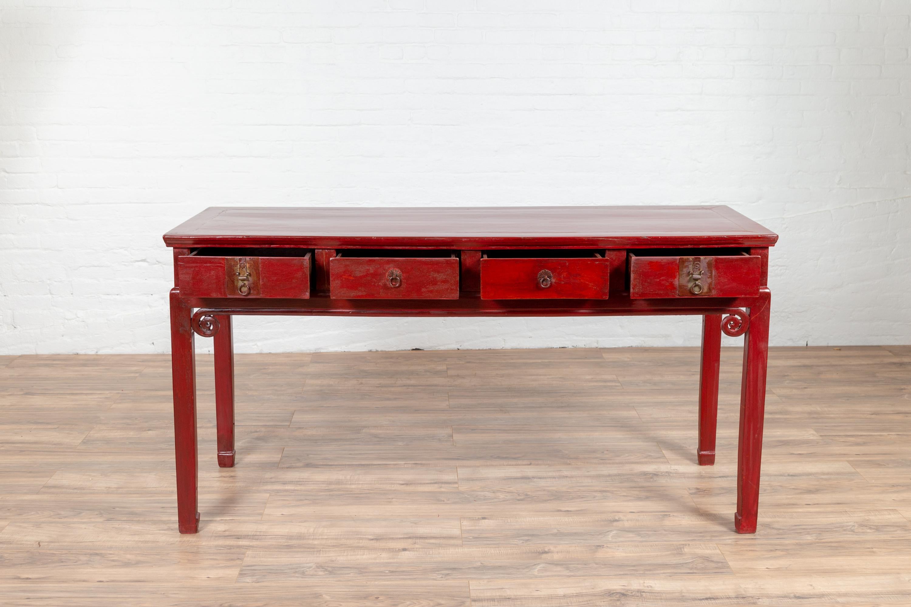 Chinese Antique Red Lacquered Wooden Desk with Four Drawers and Curling Scrolls 2