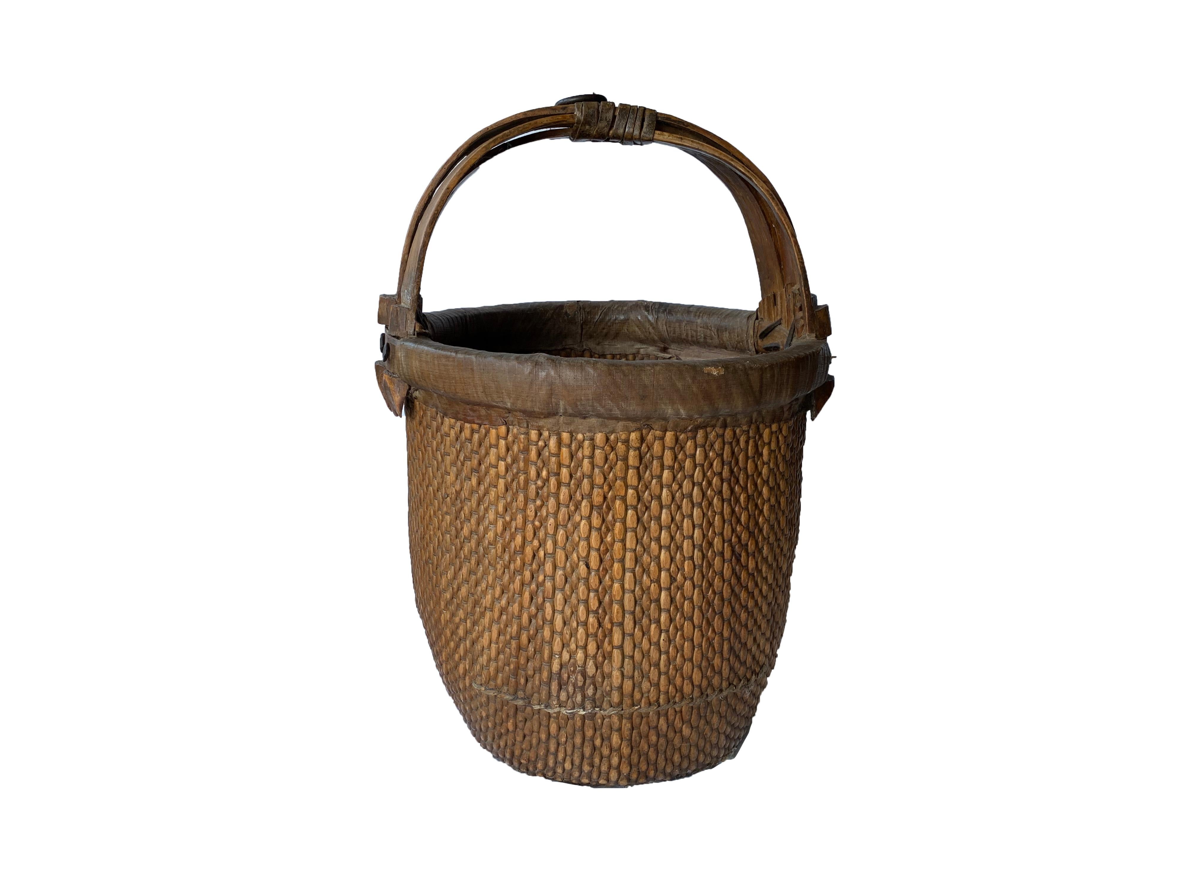 Chinese Antique Rice Basket with Bent Bamboo Handle, Early 20th Century