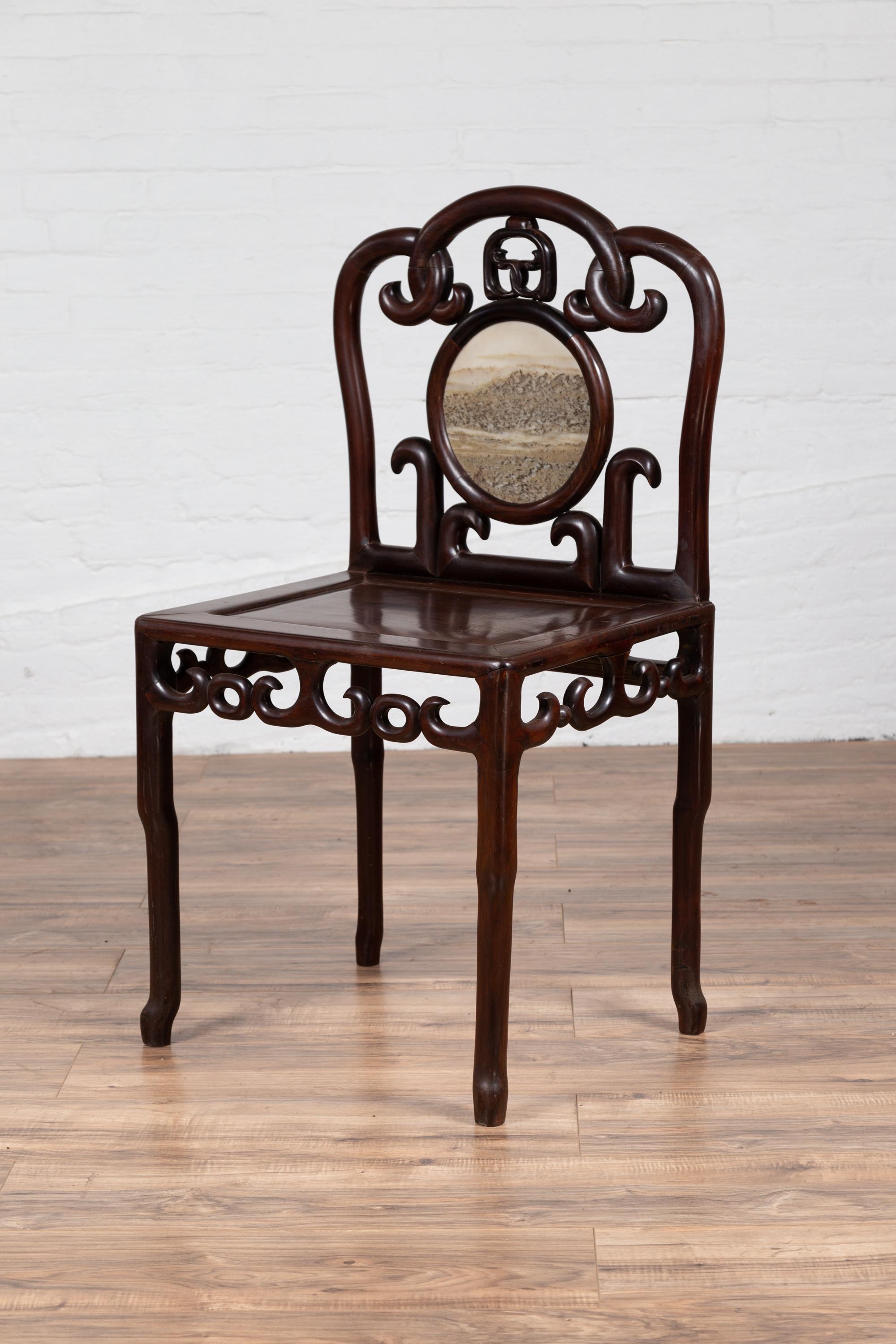 Chinese Antique Rosewood Side Chair with Open Fretwork and Marble Medallion For Sale 5