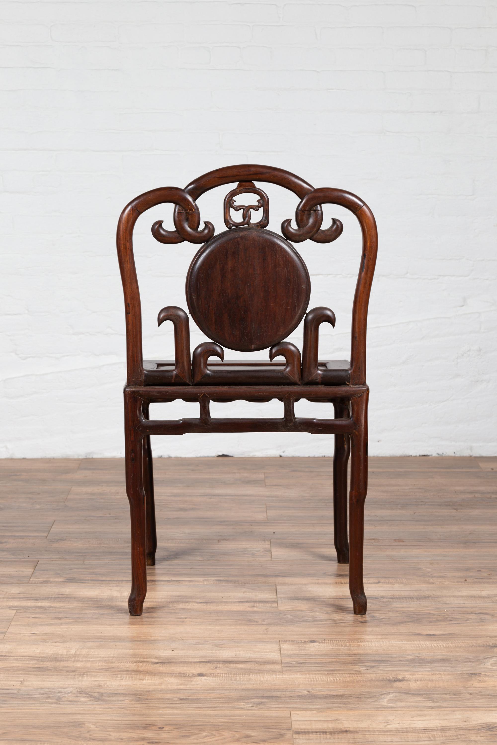 Qing Dynasty Rosewood Side Chair with Open Fretwork and Marble Medallion For Sale 4