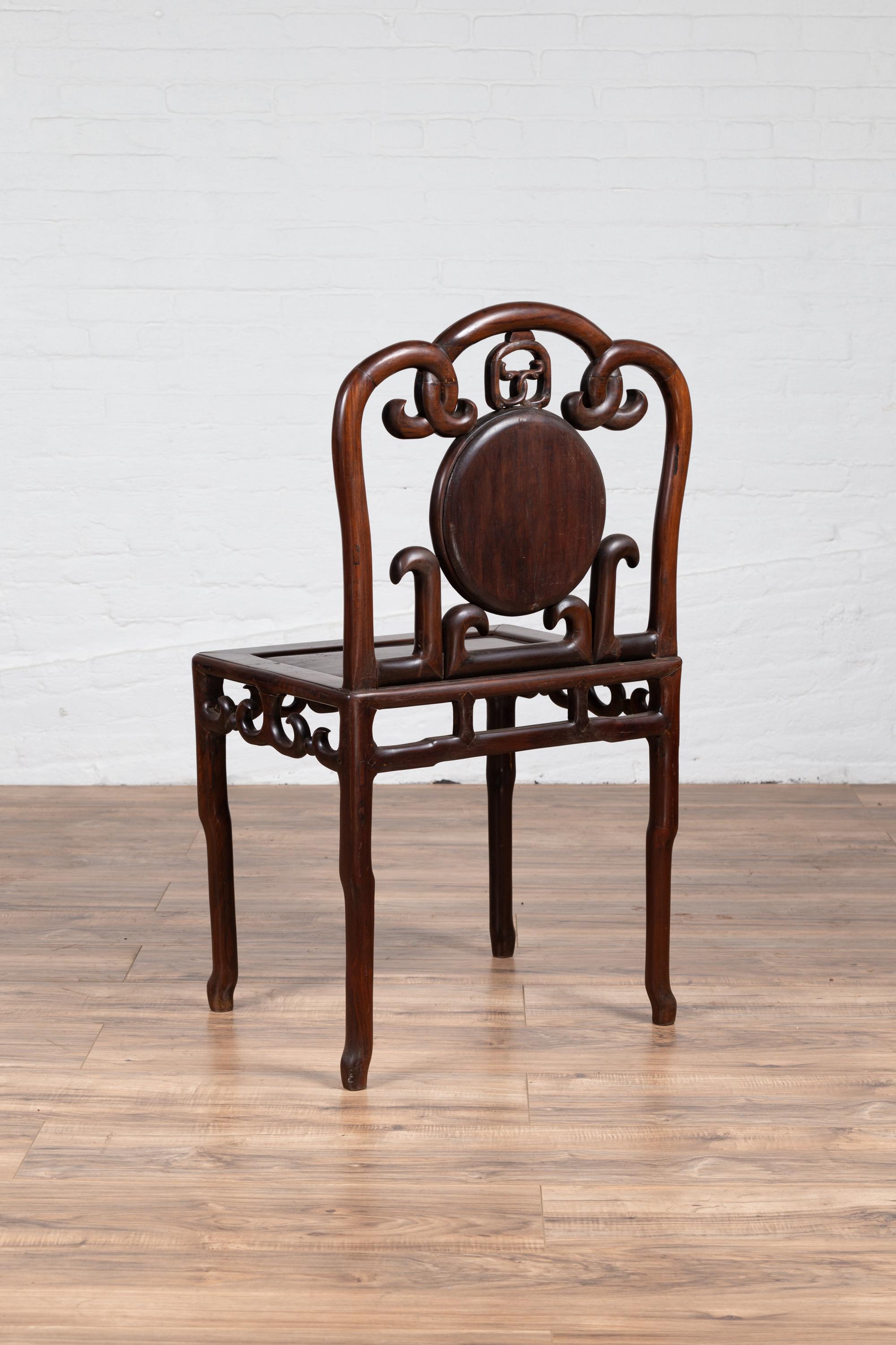 Chinese Antique Rosewood Side Chair with Open Fretwork and Marble Medallion For Sale 7