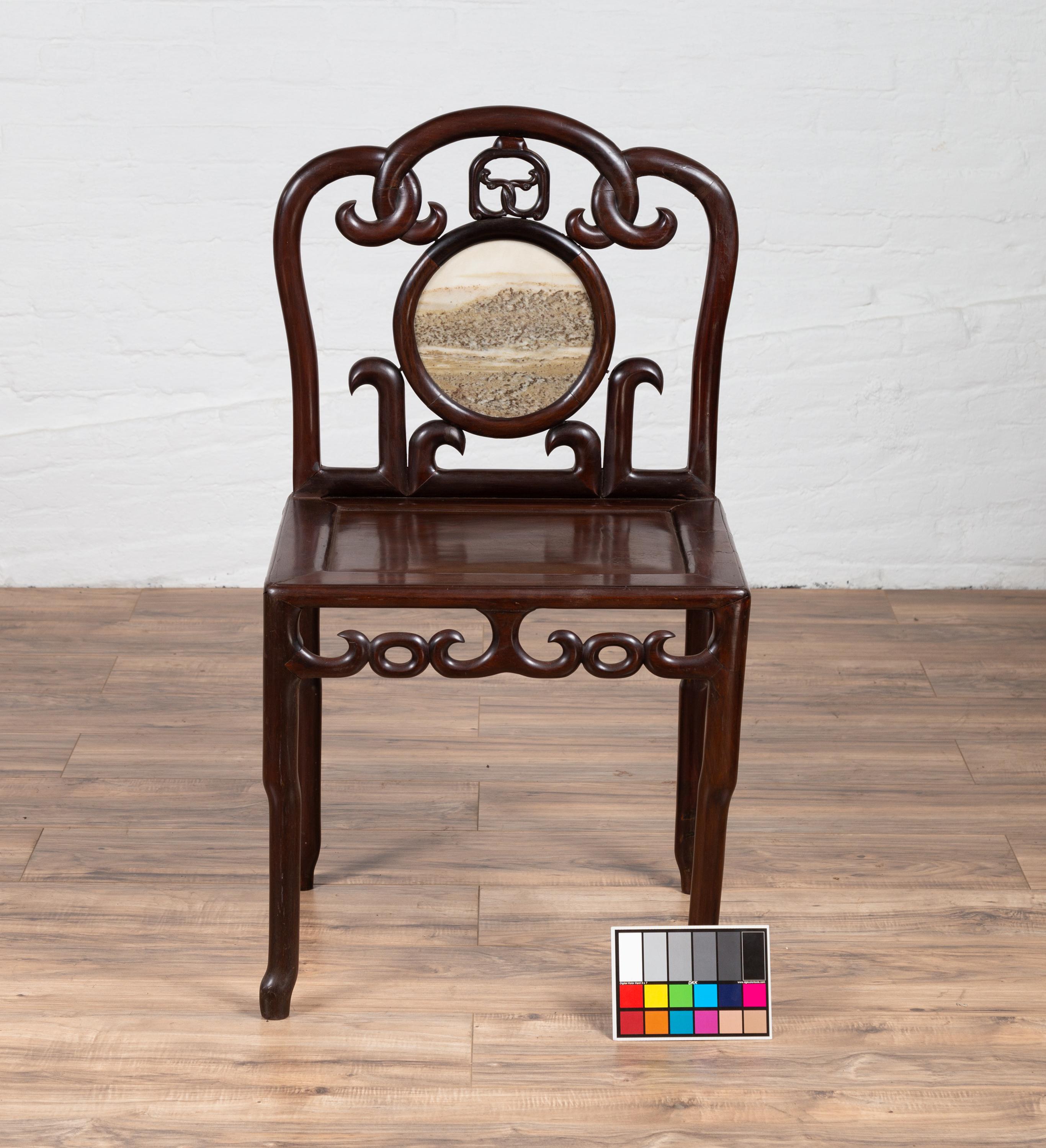 Chinese Antique Rosewood Side Chair with Open Fretwork and Marble Medallion For Sale 8
