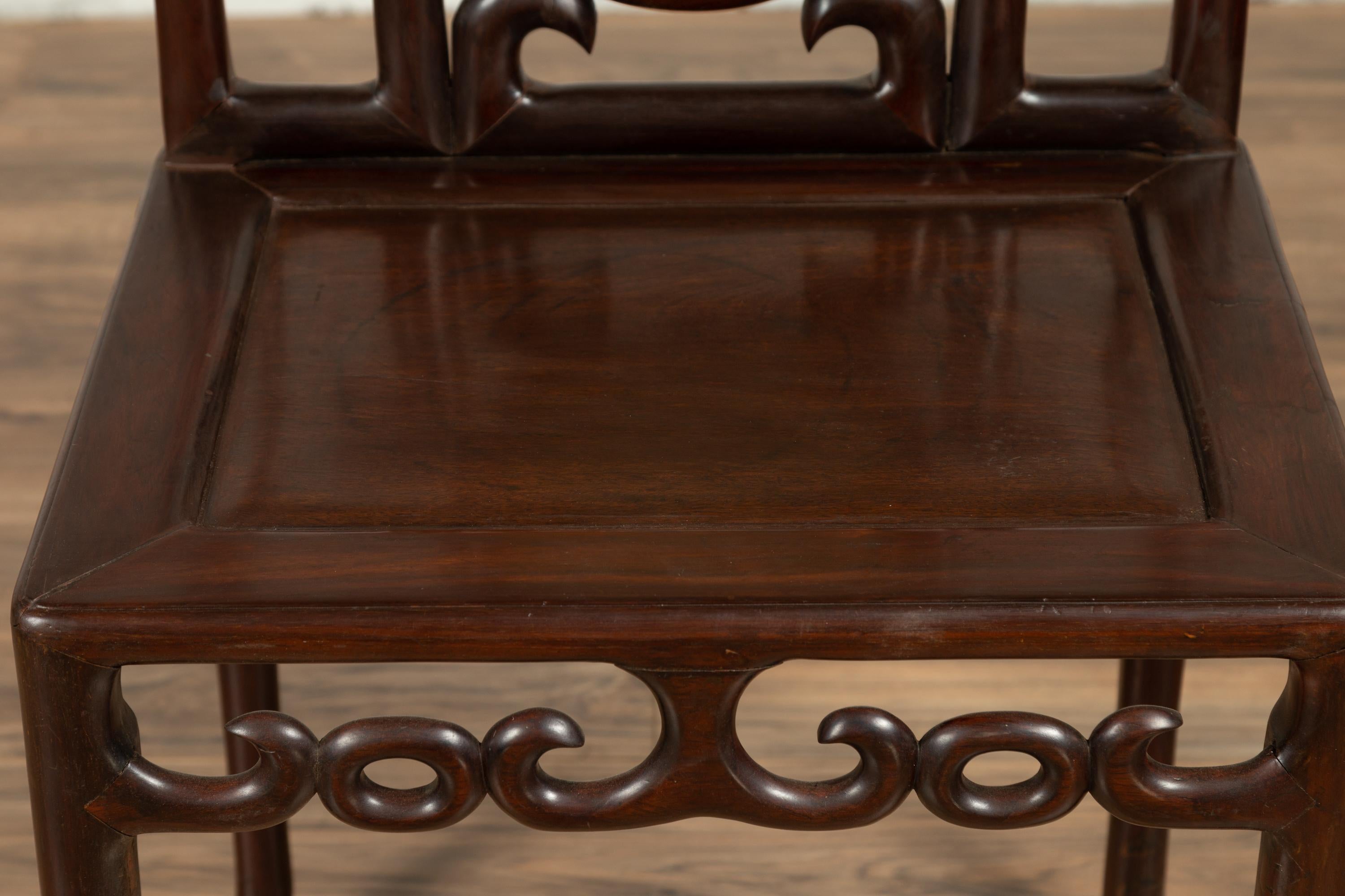 Chinese Qing Dynasty Rosewood Side Chair with Open Fretwork and Marble Medallion For Sale