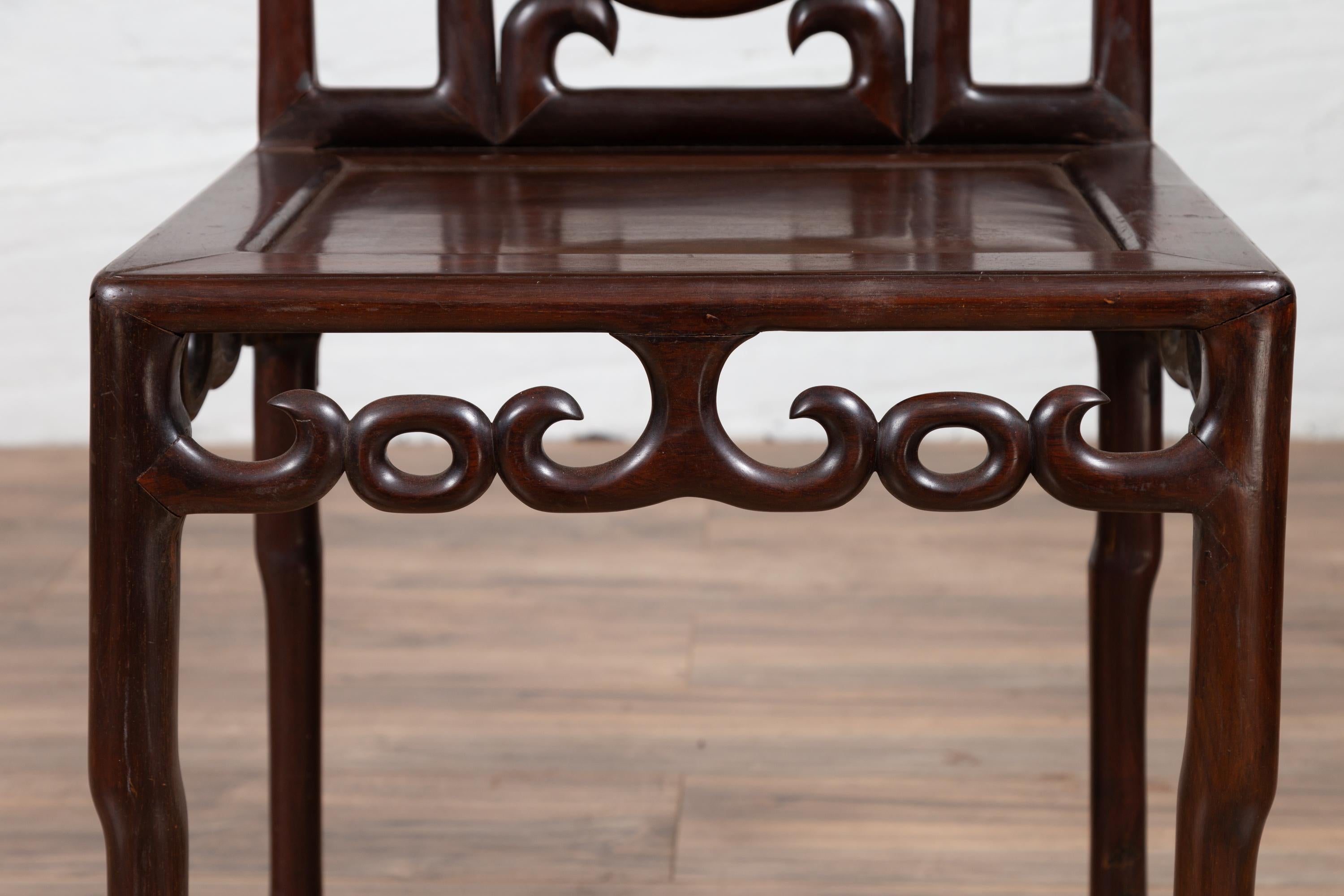 Carved Qing Dynasty Rosewood Side Chair with Open Fretwork and Marble Medallion For Sale