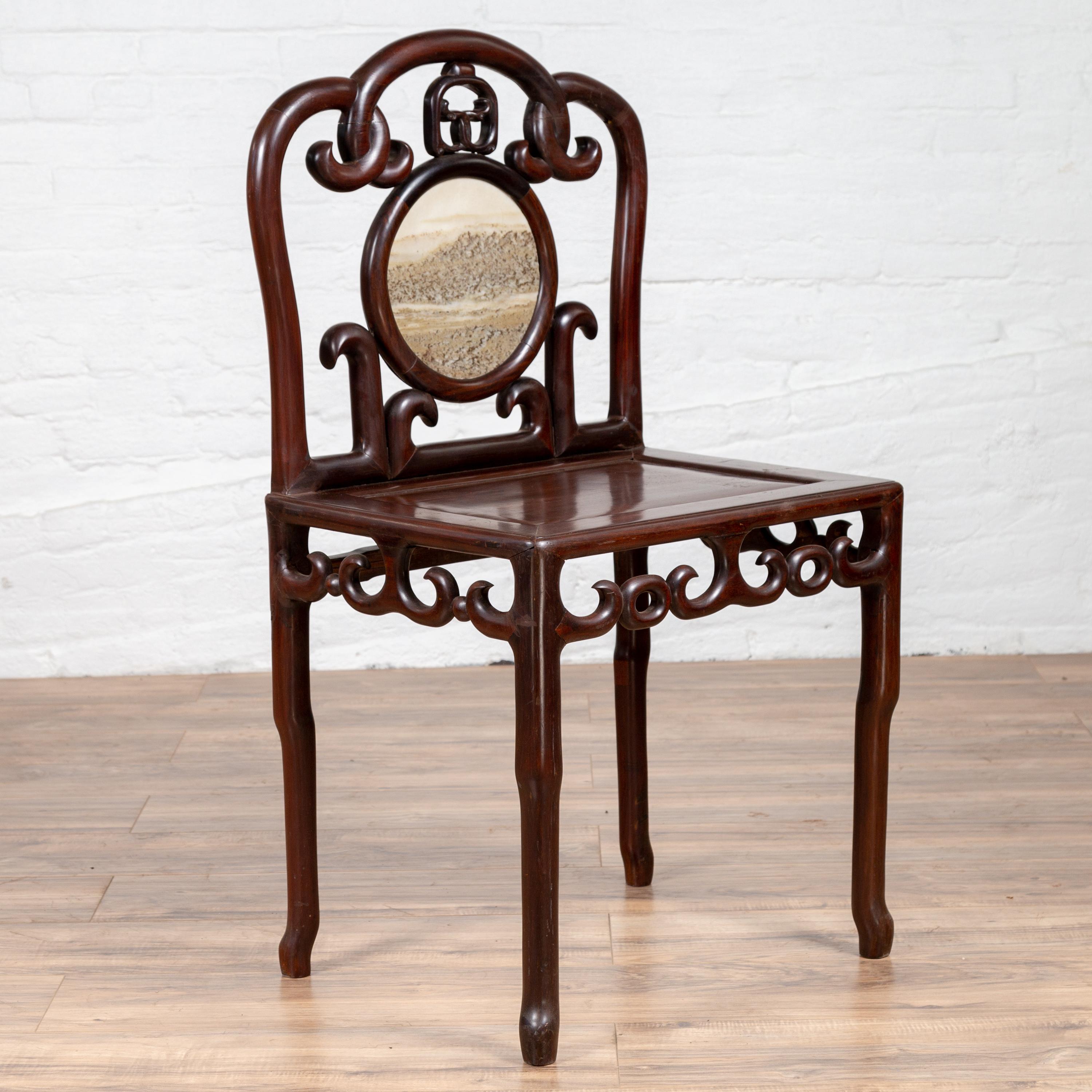 Chinese Antique Rosewood Side Chair with Open Fretwork and Marble Medallion For Sale 3