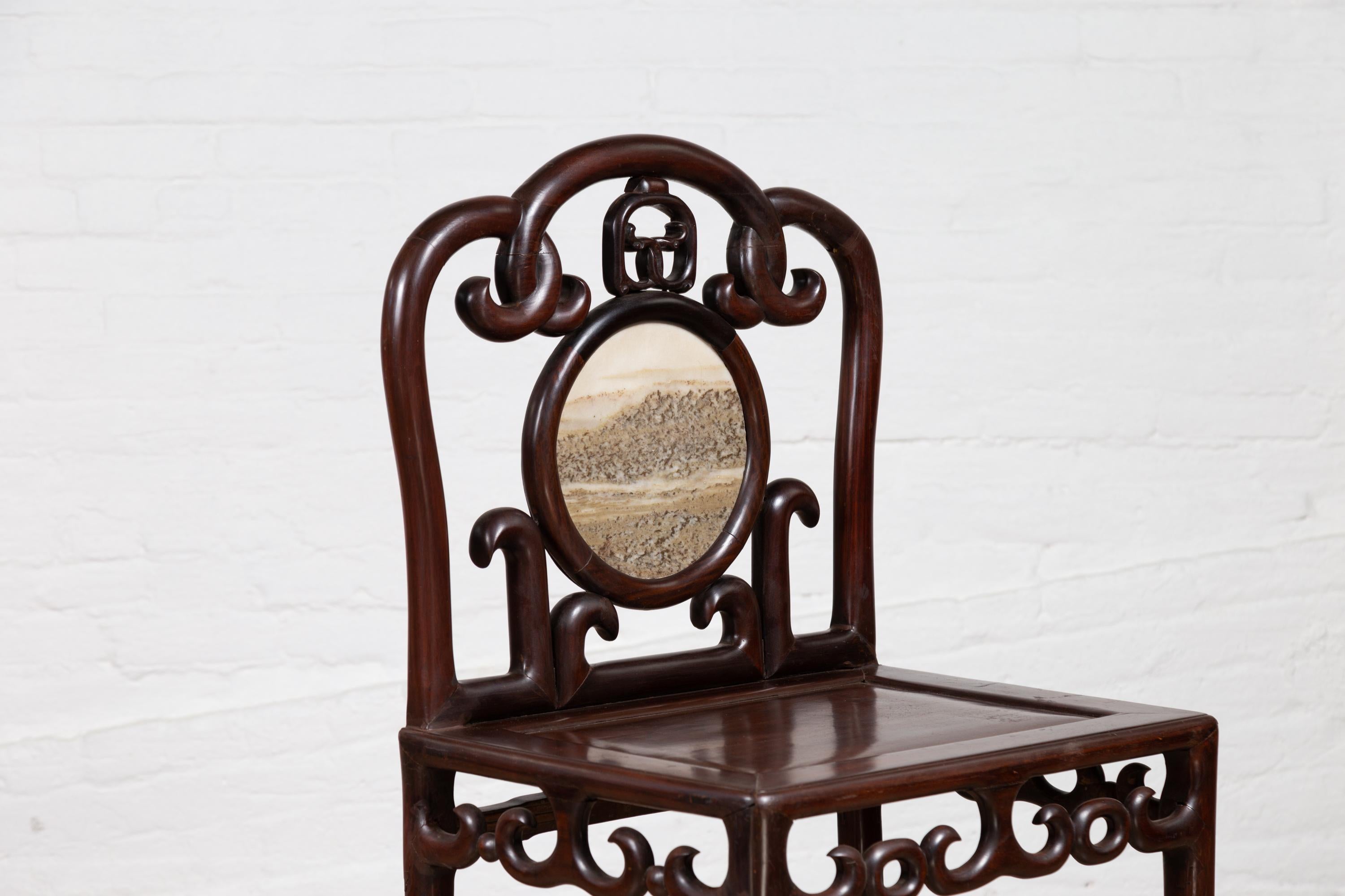 Qing Dynasty Rosewood Side Chair with Open Fretwork and Marble Medallion For Sale 2