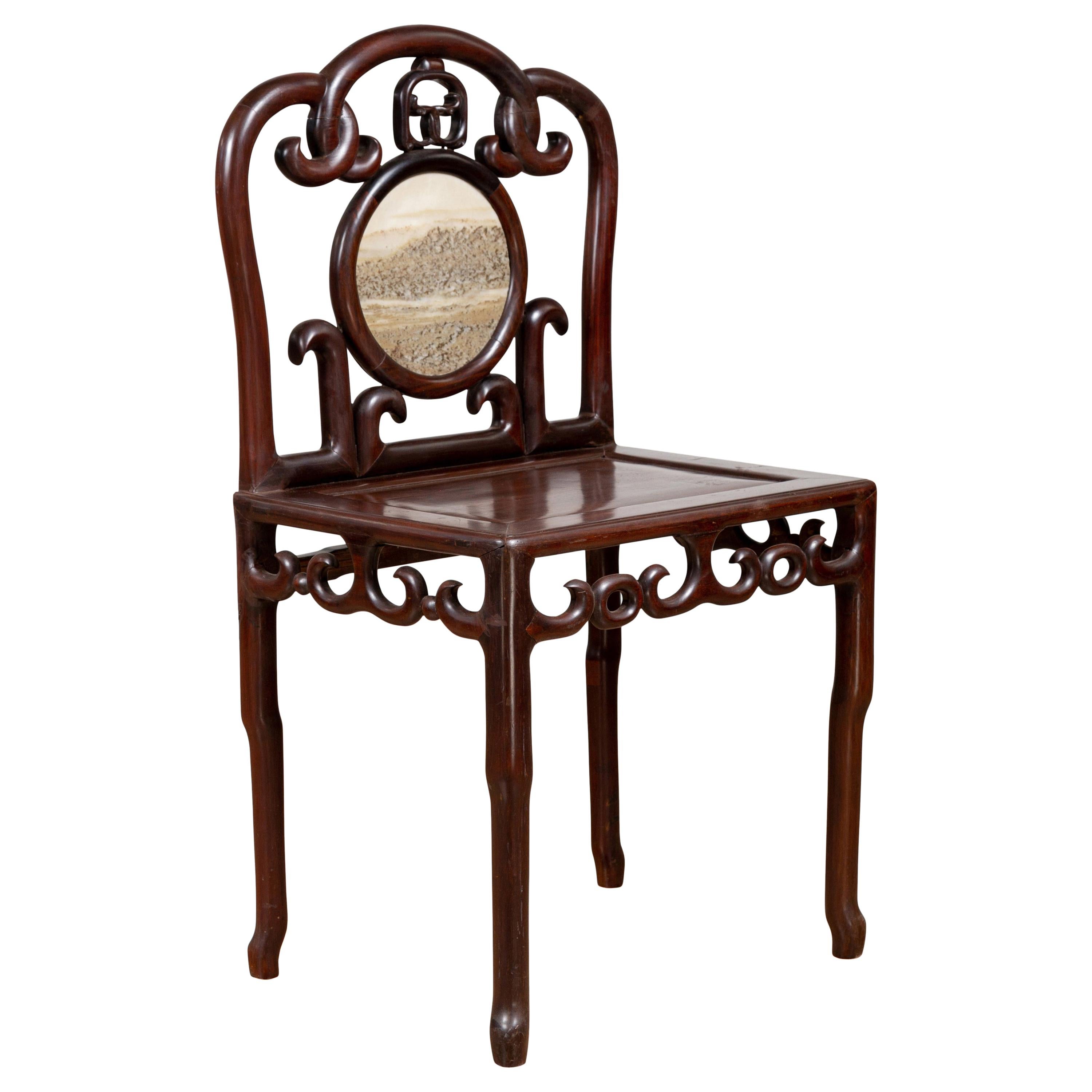 Chinese Antique Rosewood Side Chair with Open Fretwork and Marble Medallion