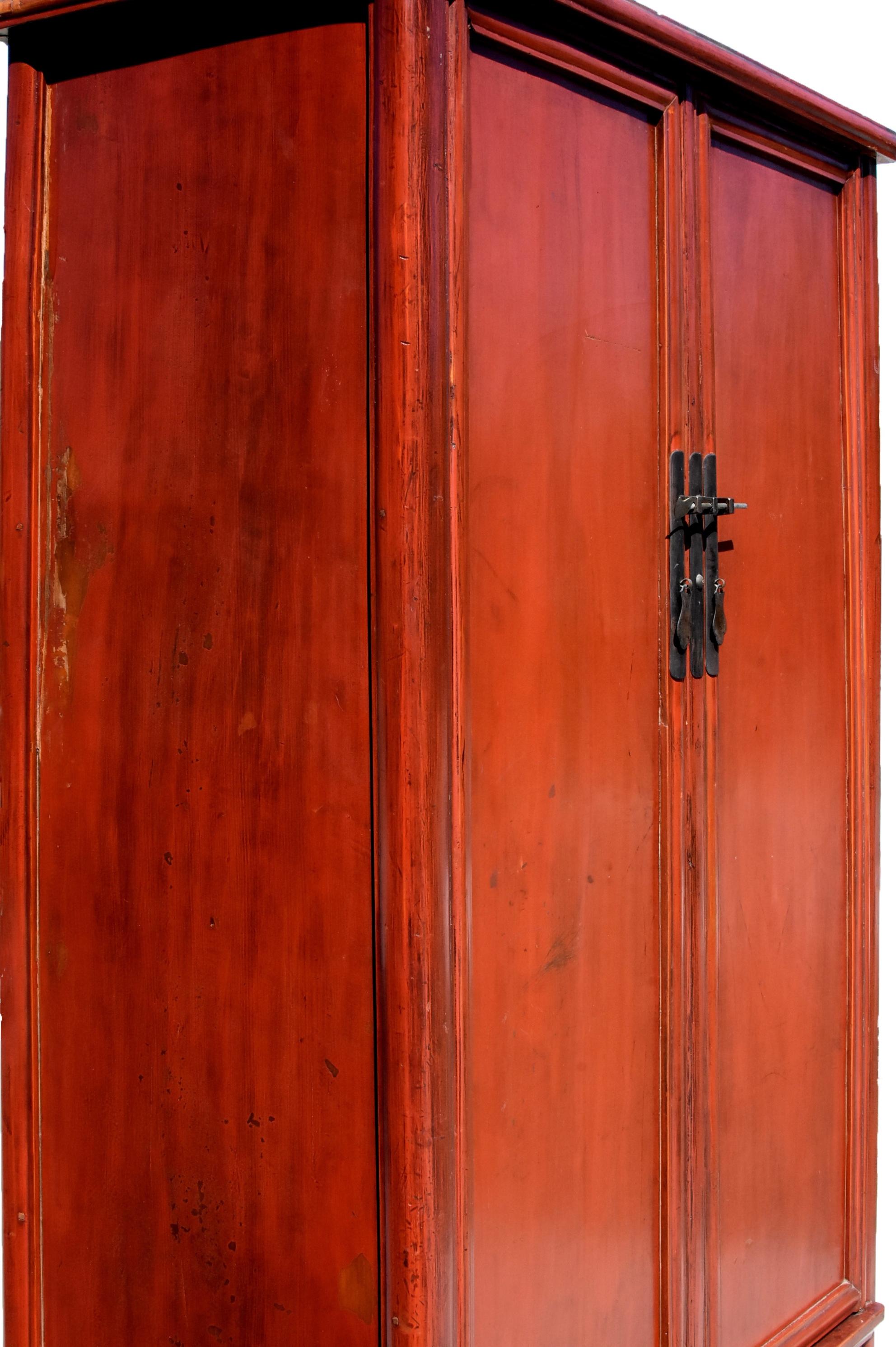 Hand-Painted Chinese Antique Round Corner Cabinet, Red Lacquered Ming Style