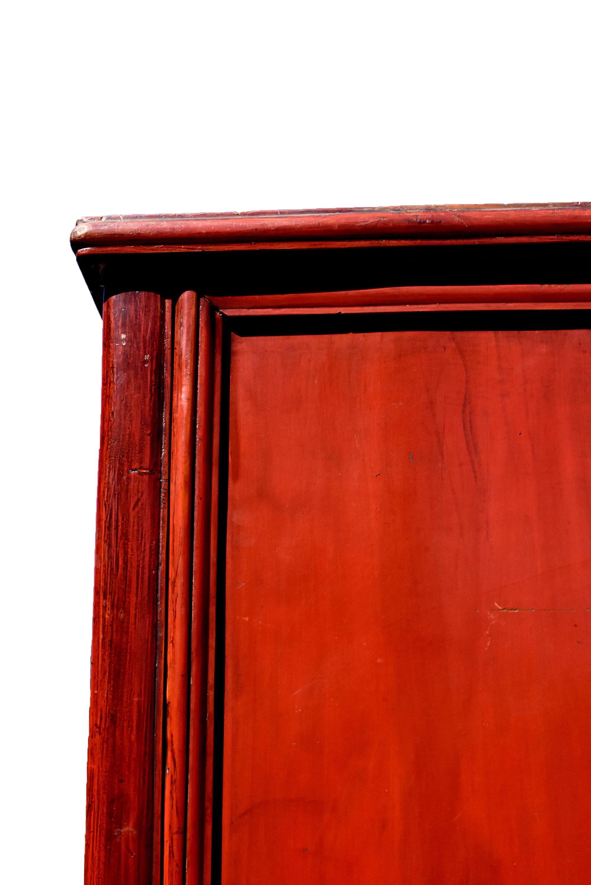 Bronze Chinese Antique Round Corner Cabinet, Red Lacquered Ming Style