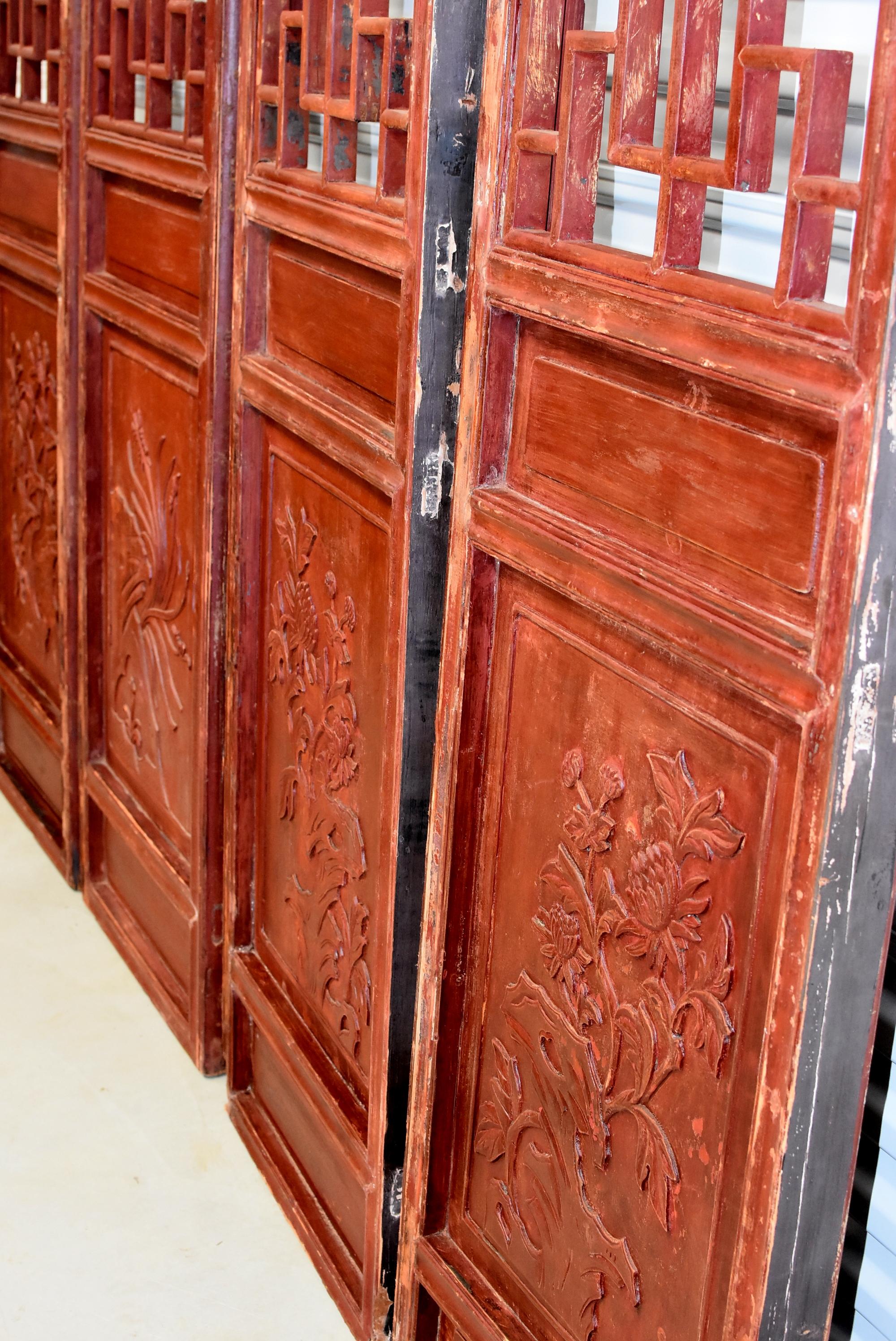 Chinese Antique Screens, Doors, Set of 4, Blooms and Longevity In Good Condition In Somis, CA