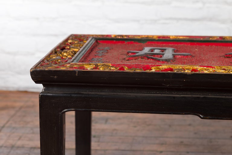 Chinese Antique Shop Sign with Calligraphy Made into a Black Coffee Table In Good Condition For Sale In Yonkers, NY