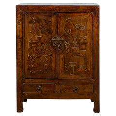 Chinese Antique Side Cabinet with Low-Relief Carved Motifs and Weathered Patina