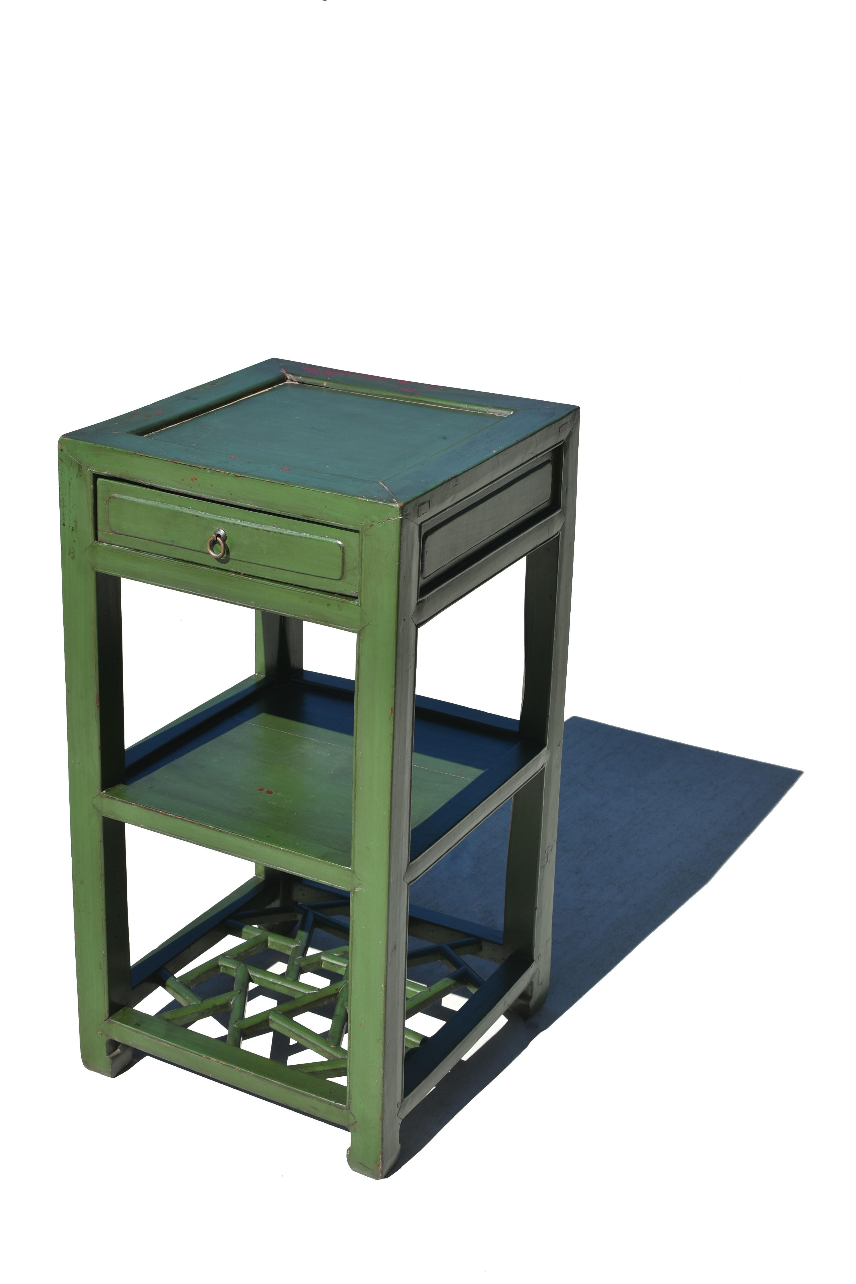 Hand-Carved Chinese Antique Side Table Green Lacquered