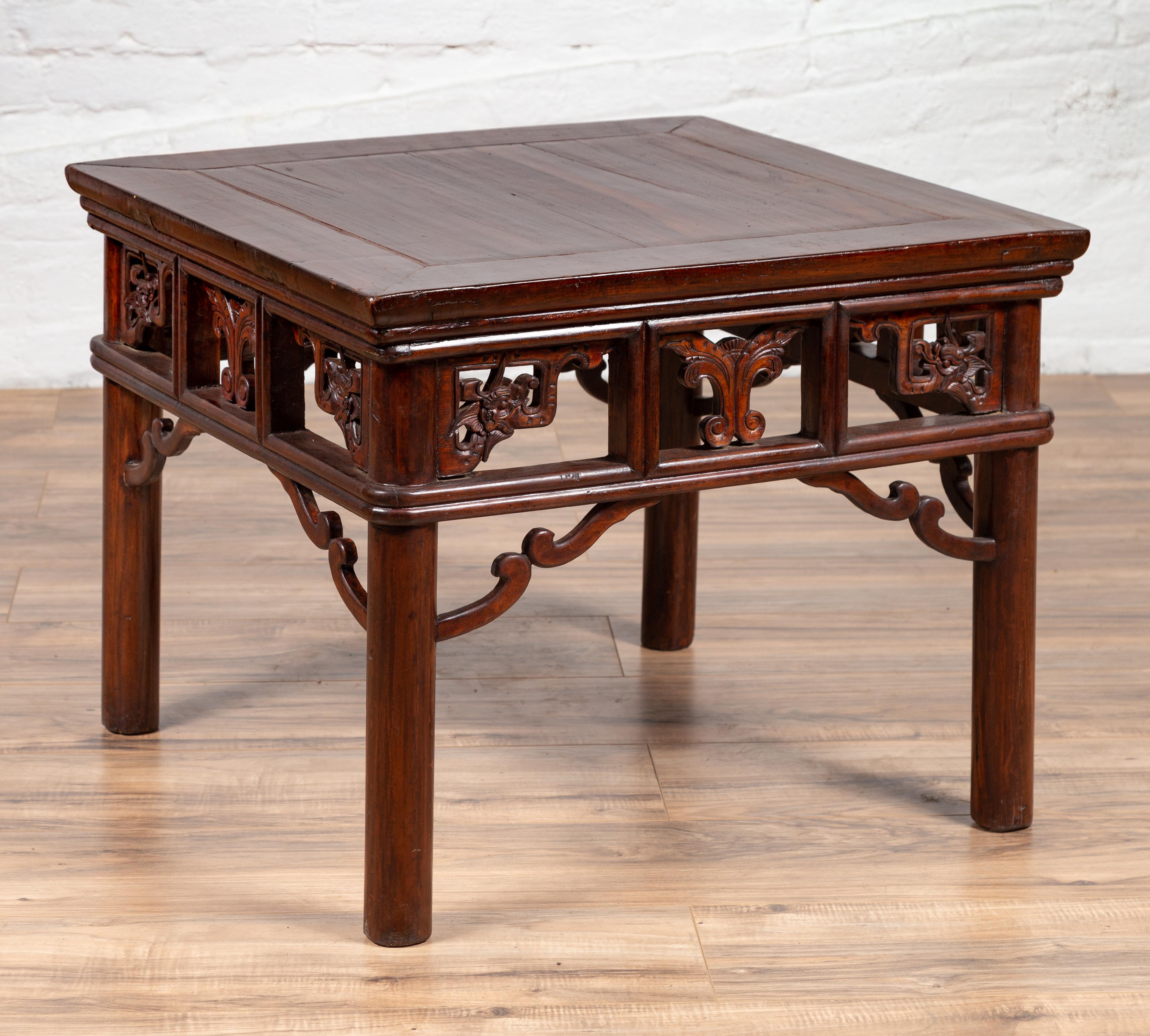 Chinese Antique Side Table with Open Fretwork Design and Dark Wood Patina For Sale 8