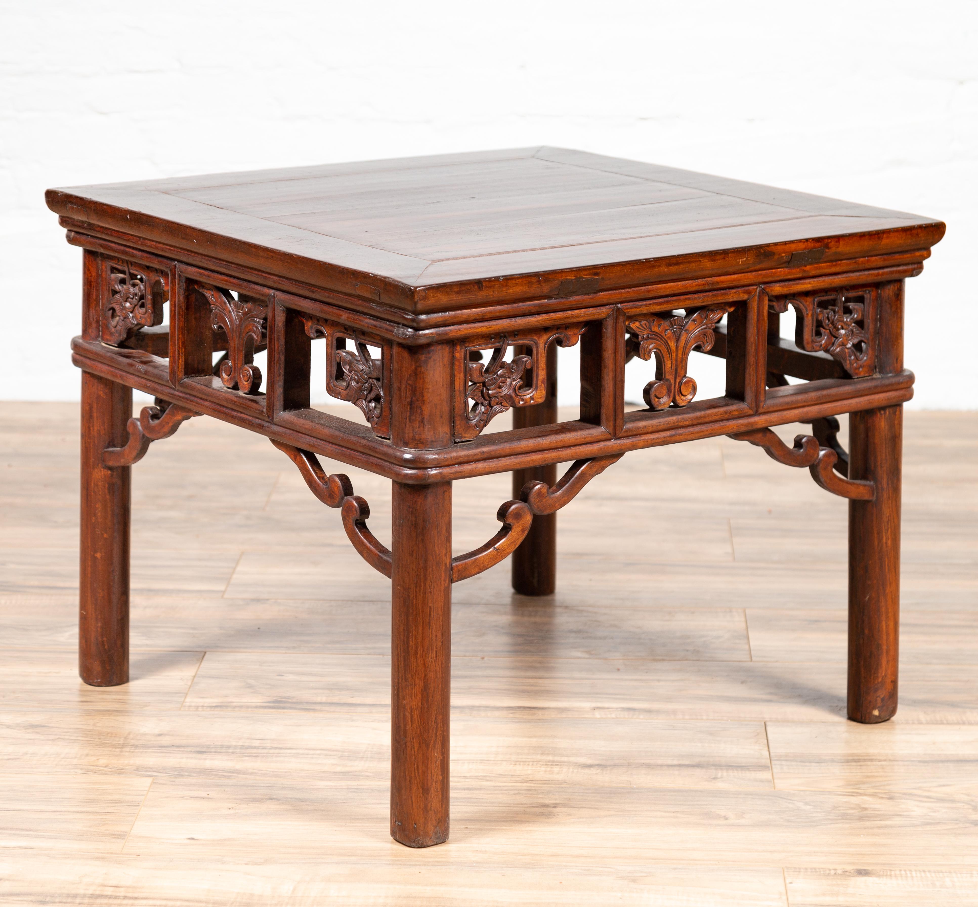 Chinese Antique Side Table with Open Fretwork Design and Dark Wood Patina For Sale 12