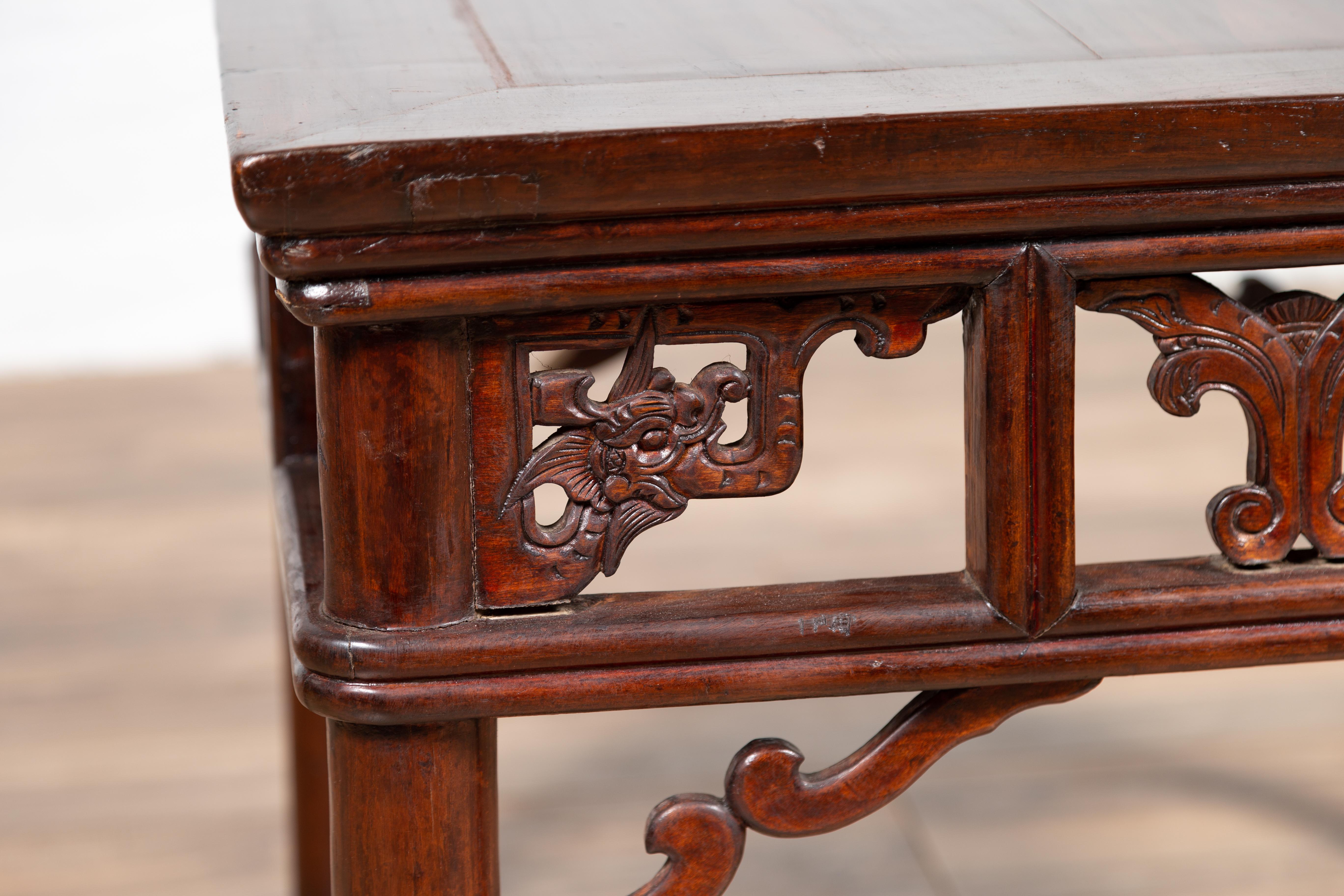 19th Century Chinese Antique Side Table with Open Fretwork Design and Dark Wood Patina For Sale
