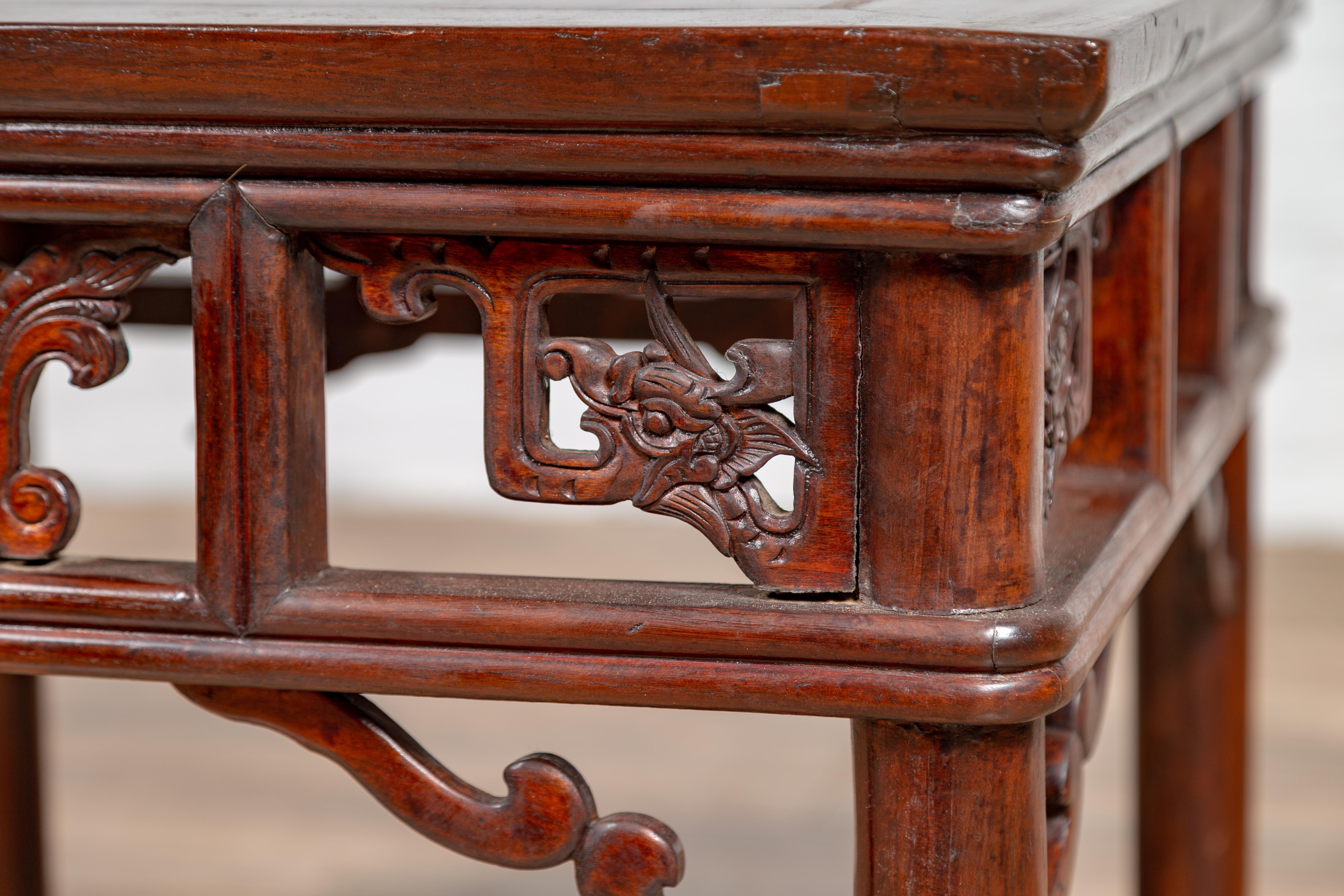 Chinese Antique Side Table with Open Fretwork Design and Dark Wood Patina For Sale 2