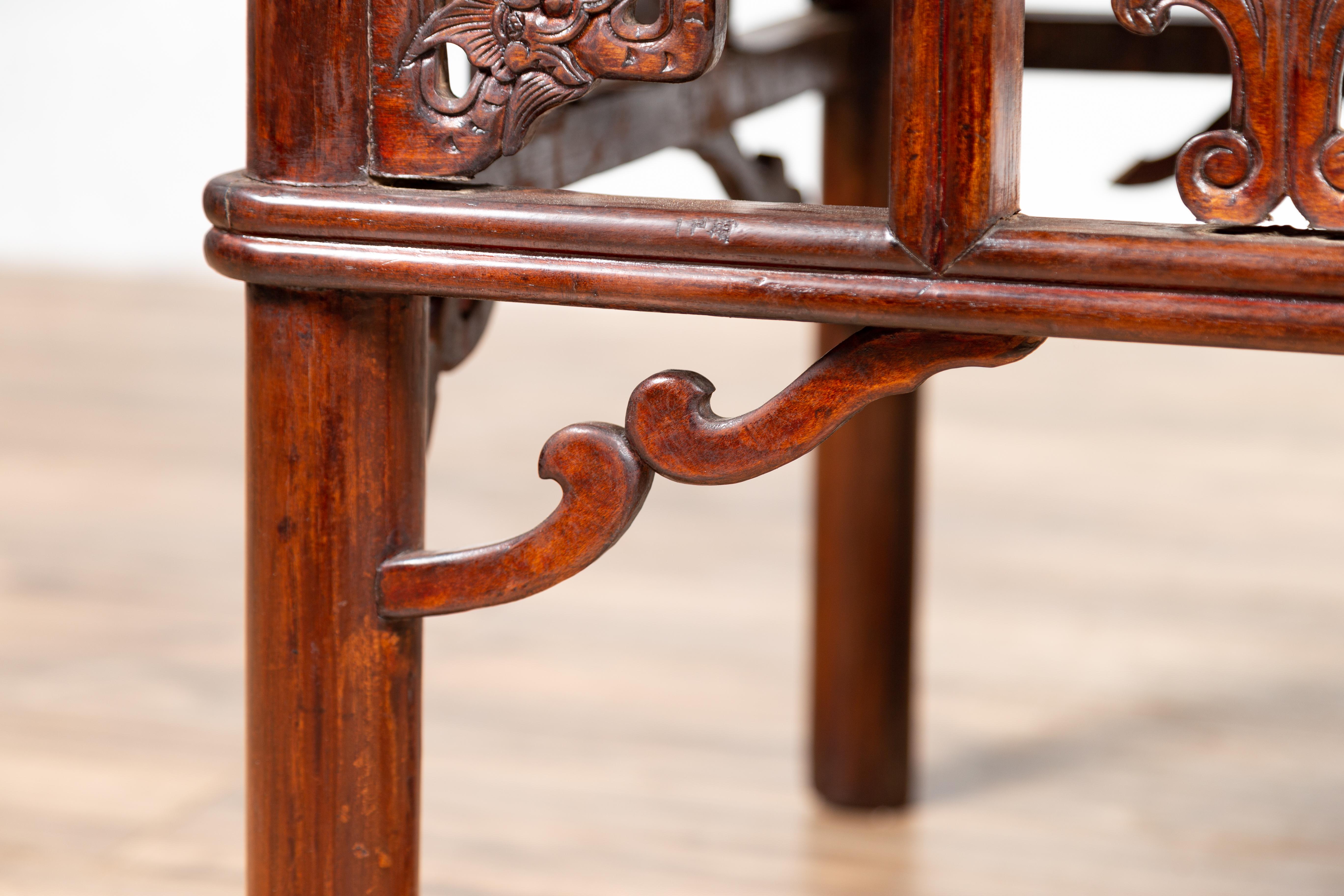 Chinese Antique Side Table with Open Fretwork Design and Dark Wood Patina For Sale 3