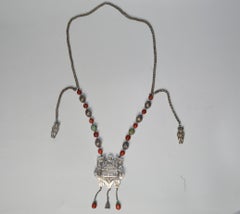 Chinese Antique Silver Coral and Turquoise Necklace 中国古董