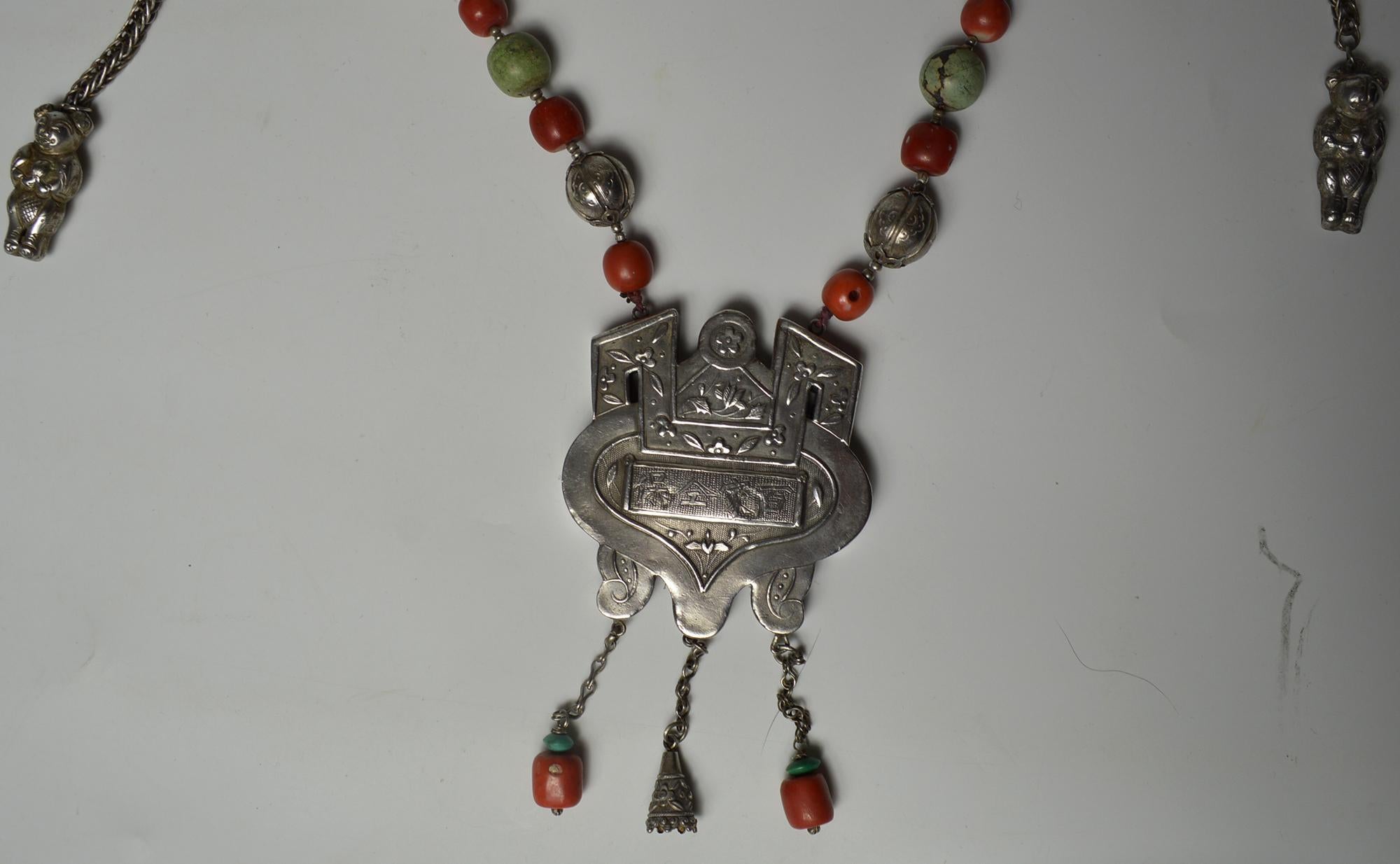 19th Century Chinese Antique Silver Coral and Turquoise Necklace 中国古董 For Sale