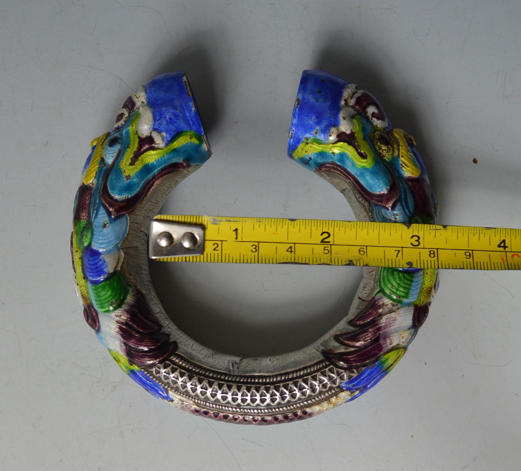 Chinese Antique Silver Tribal Enamel Dragon Bracelet Yunnan 中国古董 1