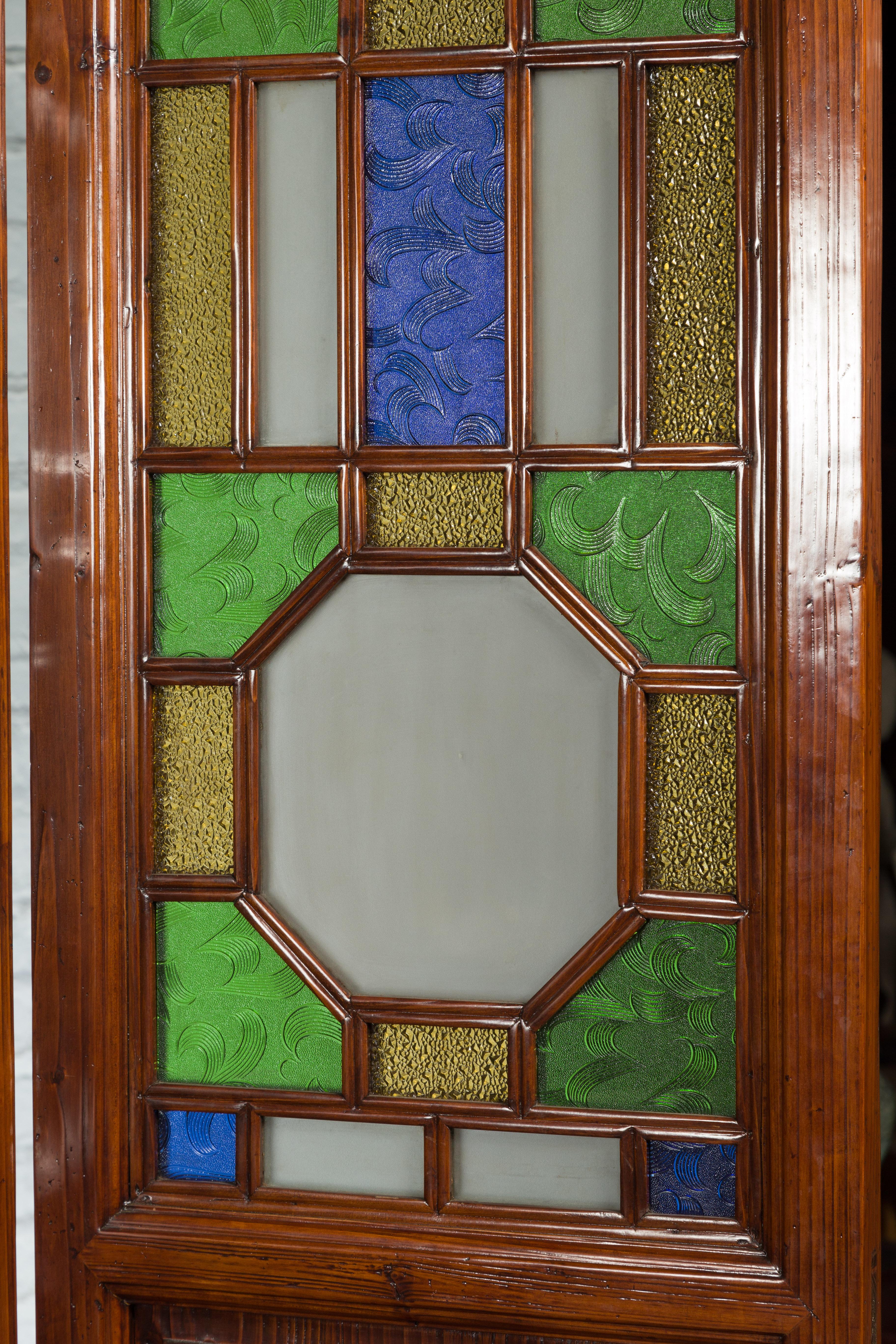 Chinese Antique Six-Panel Folding Screen with Stained Glass Geometric Motifs For Sale 5