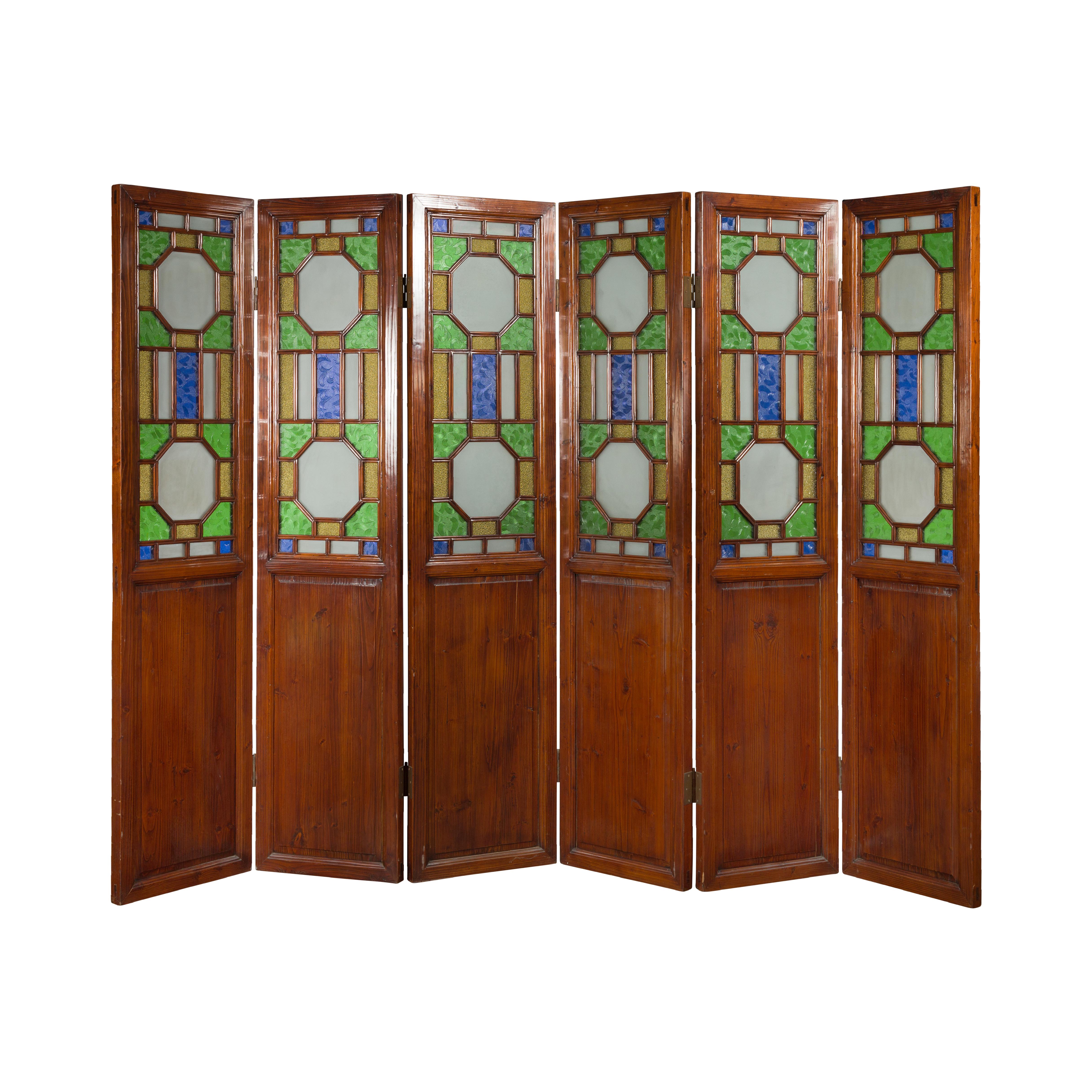 Chinese Antique Six-Panel Folding Screen with Stained Glass Geometric Motifs For Sale 13