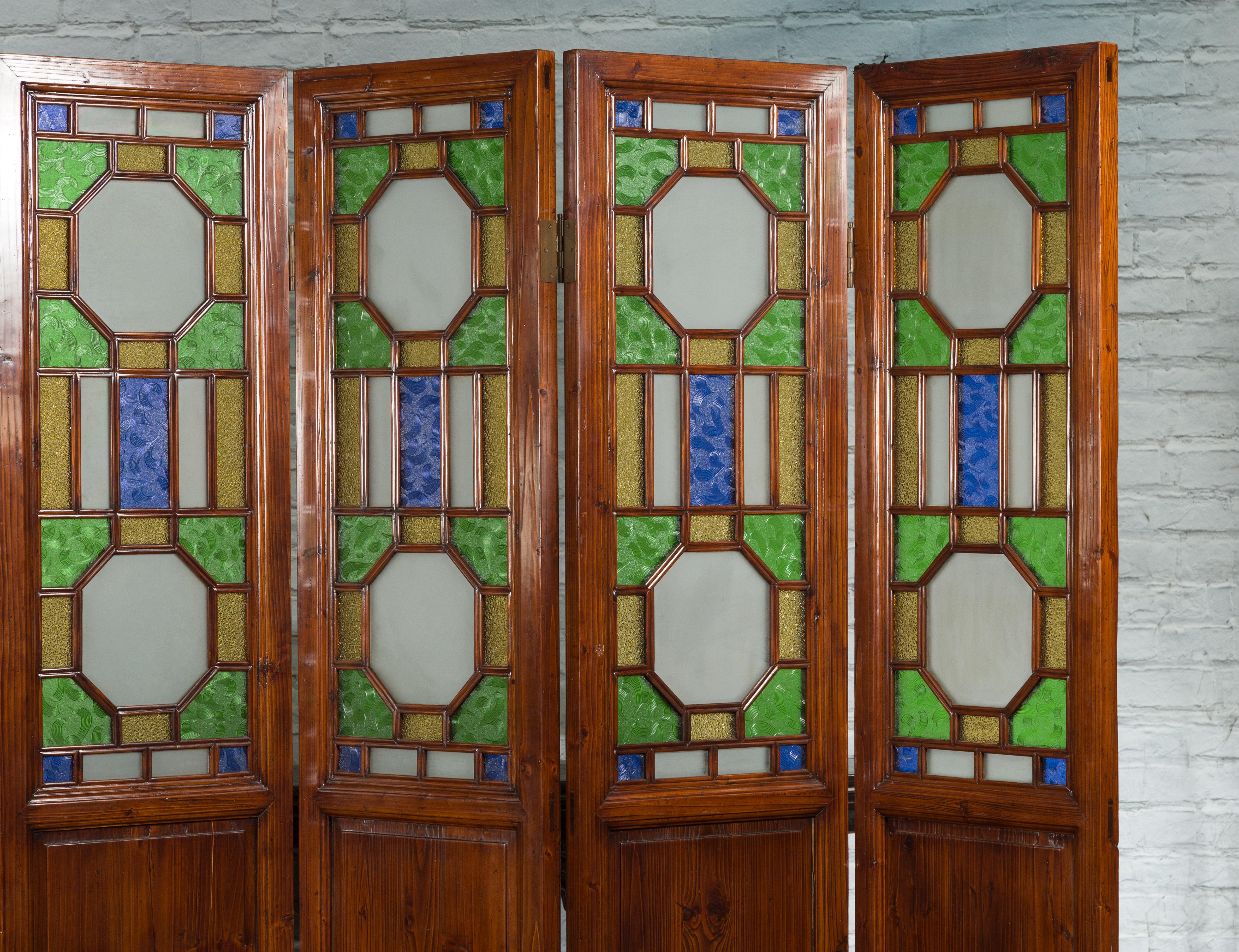 Chinese Antique Six-Panel Folding Screen with Stained Glass Geometric Motifs In Good Condition For Sale In Yonkers, NY