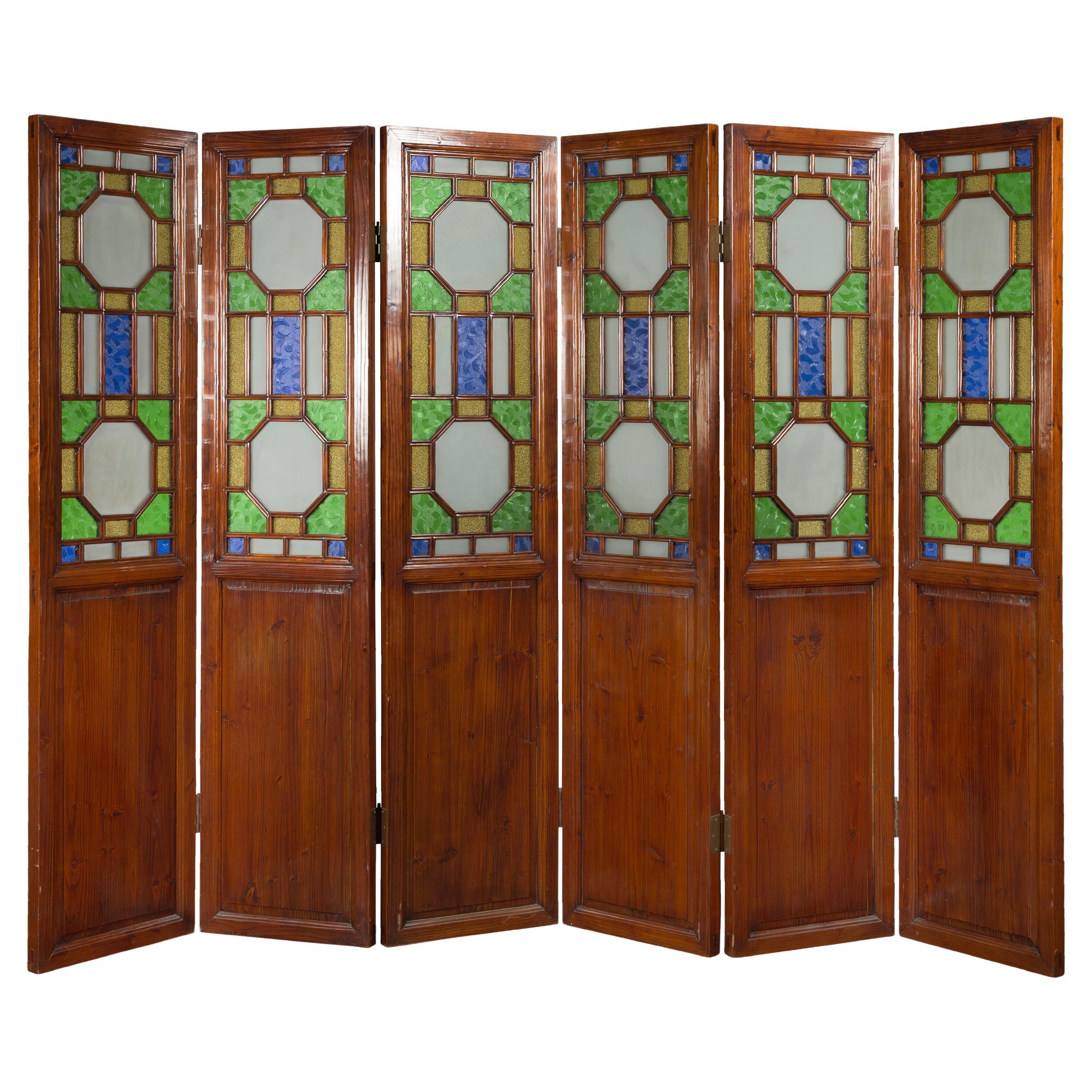 Chinese Antique Six-Panel Folding Screen with Stained Glass Geometric Motifs For Sale