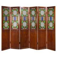 Chinese Antique Six-Panel Folding Screen with Stained Glass Geometric Motifs