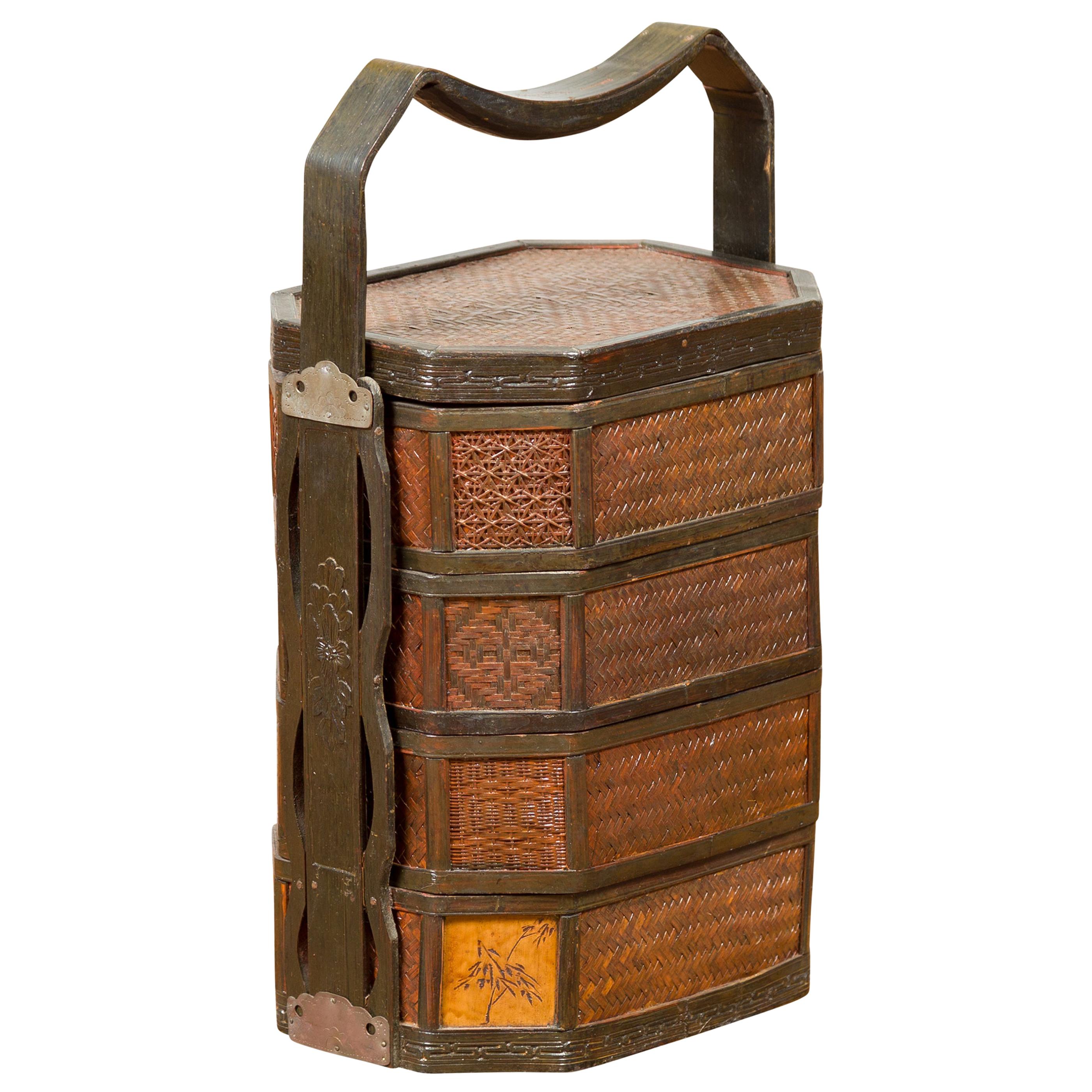 Chinese Antique Stacking Lunch Box with Lacquered Accents and Handle