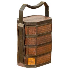 Chinese Antique Stacking Lunch Box with Lacquered Accents and Handle