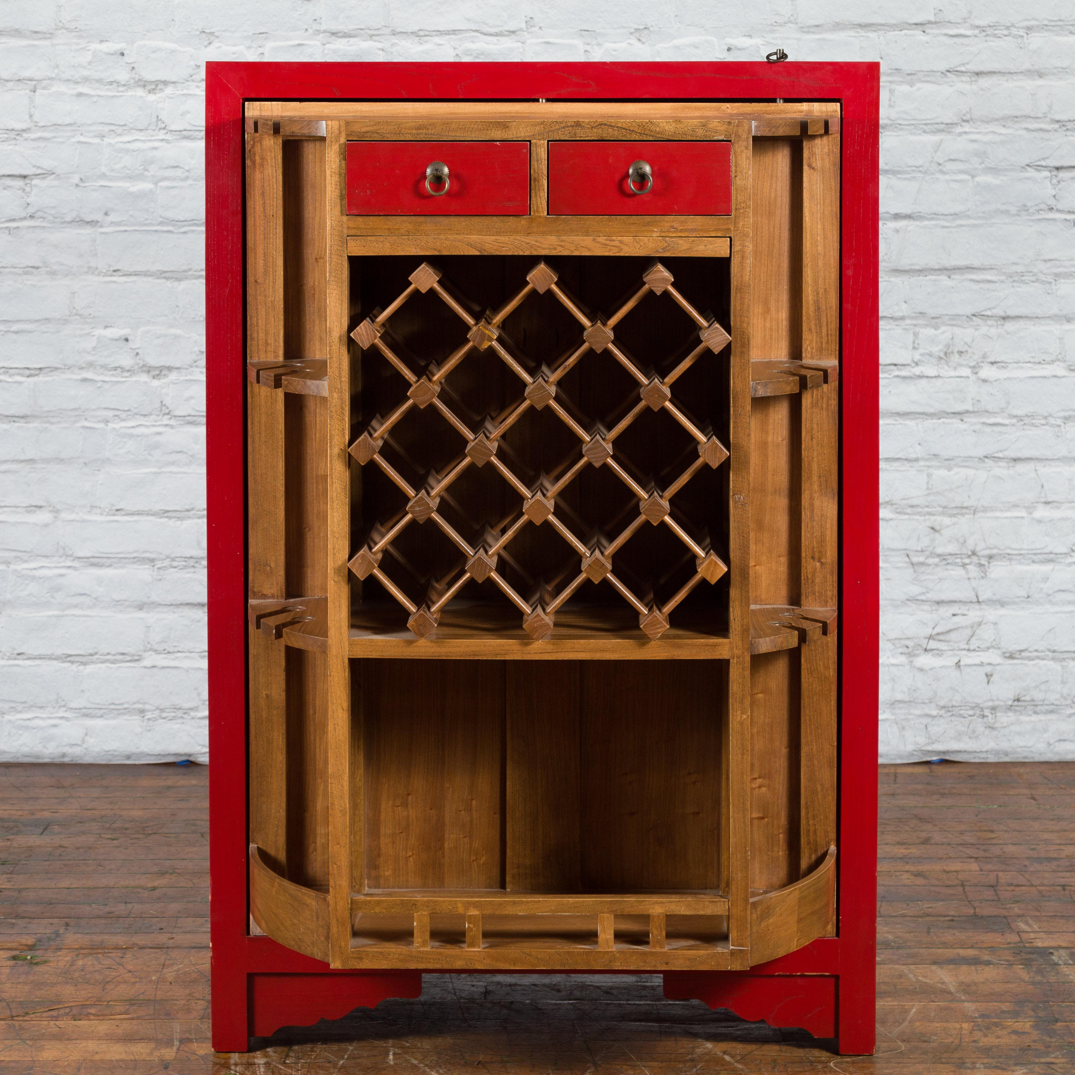 Chinese Antique Style Red Lacquered Liquor Cabinet with Revolving Hidden Panel For Sale 1
