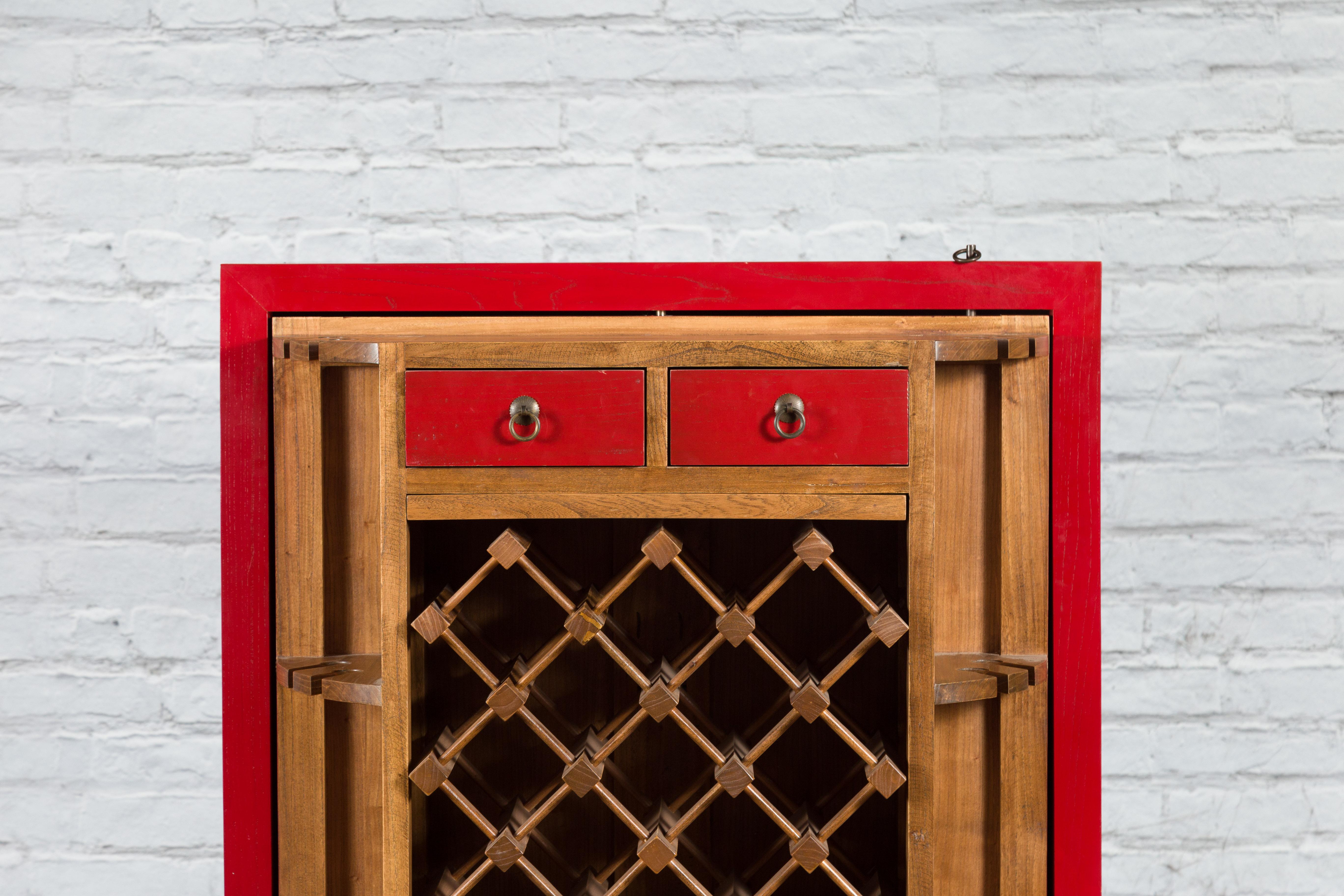 Chinese Antique Style Red Lacquered Liquor Cabinet with Revolving Hidden Panel For Sale 2