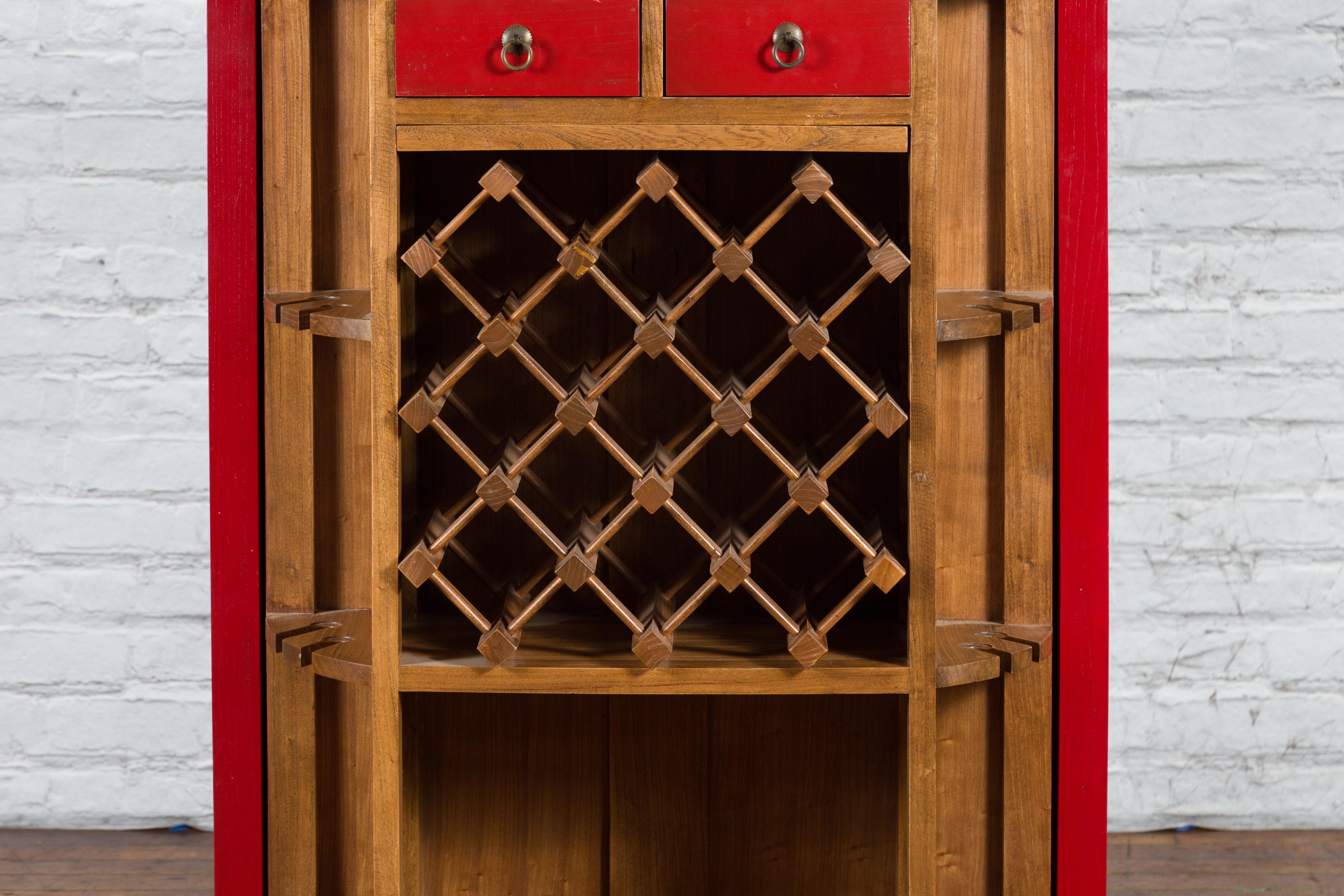 Chinese Antique Style Red Lacquered Liquor Cabinet with Revolving Hidden Panel For Sale 3