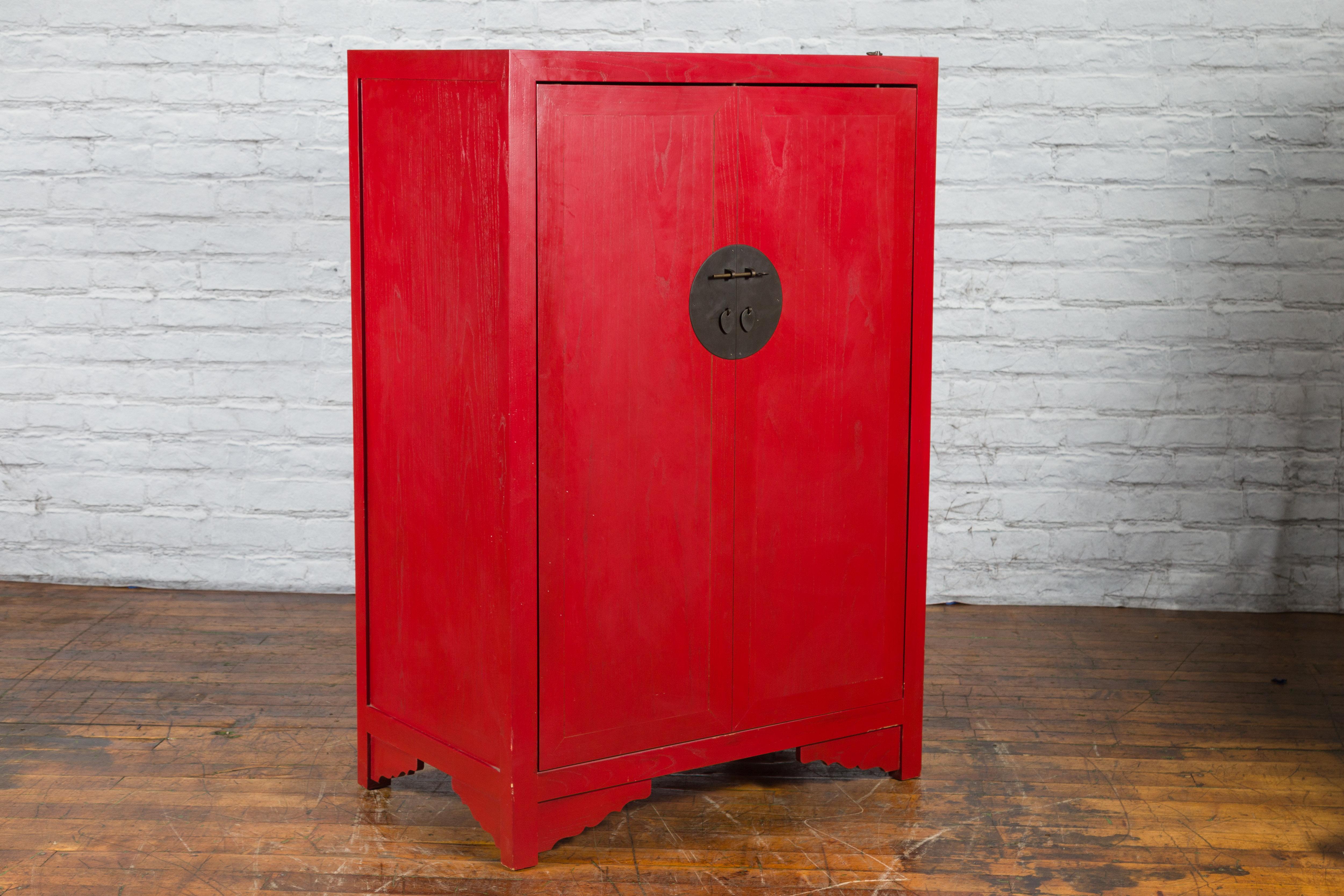Chinese Antique Style Red Lacquered Liquor Cabinet with Revolving Hidden Panel For Sale 8