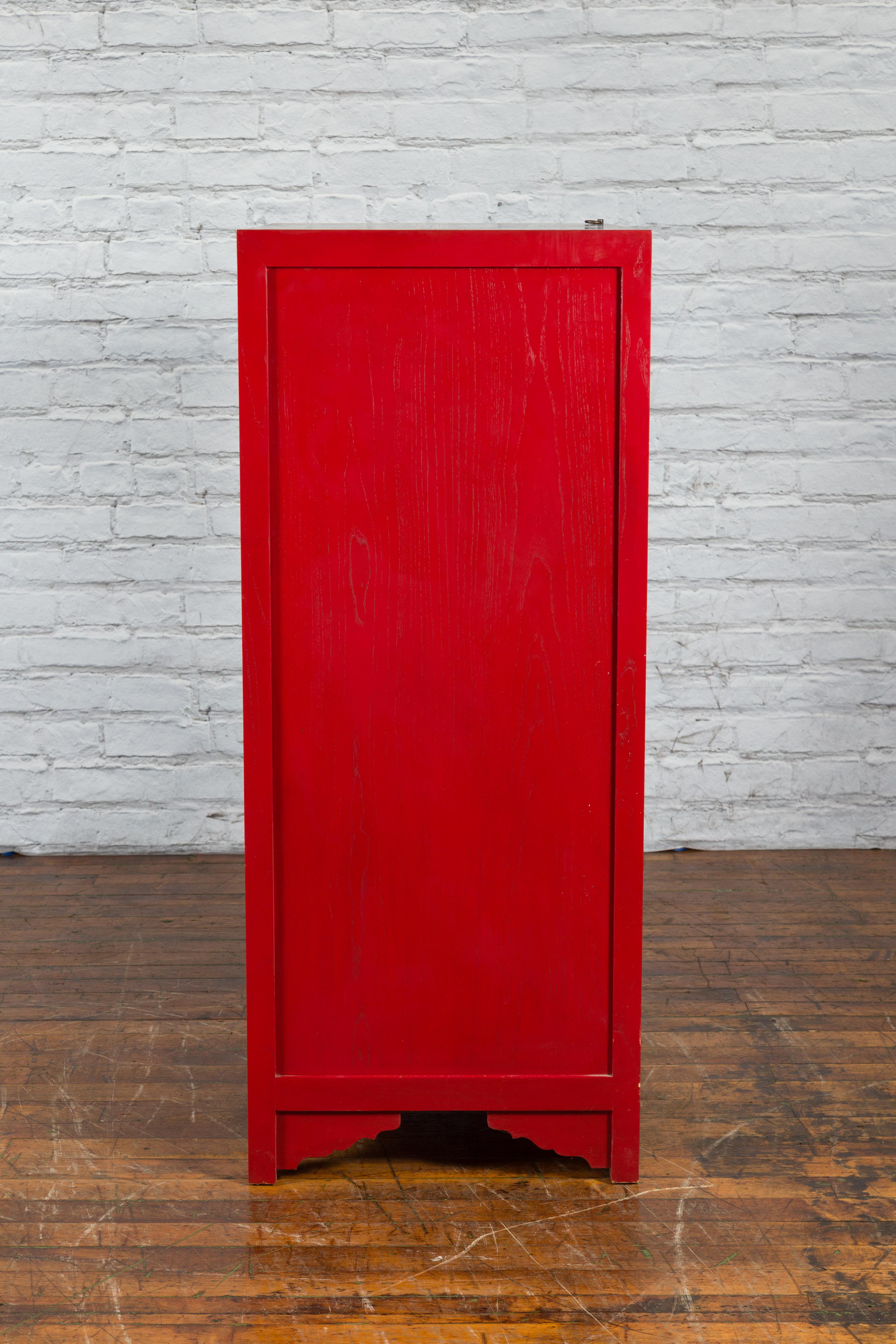Chinese Antique Style Red Lacquered Liquor Cabinet with Revolving Hidden Panel For Sale 9