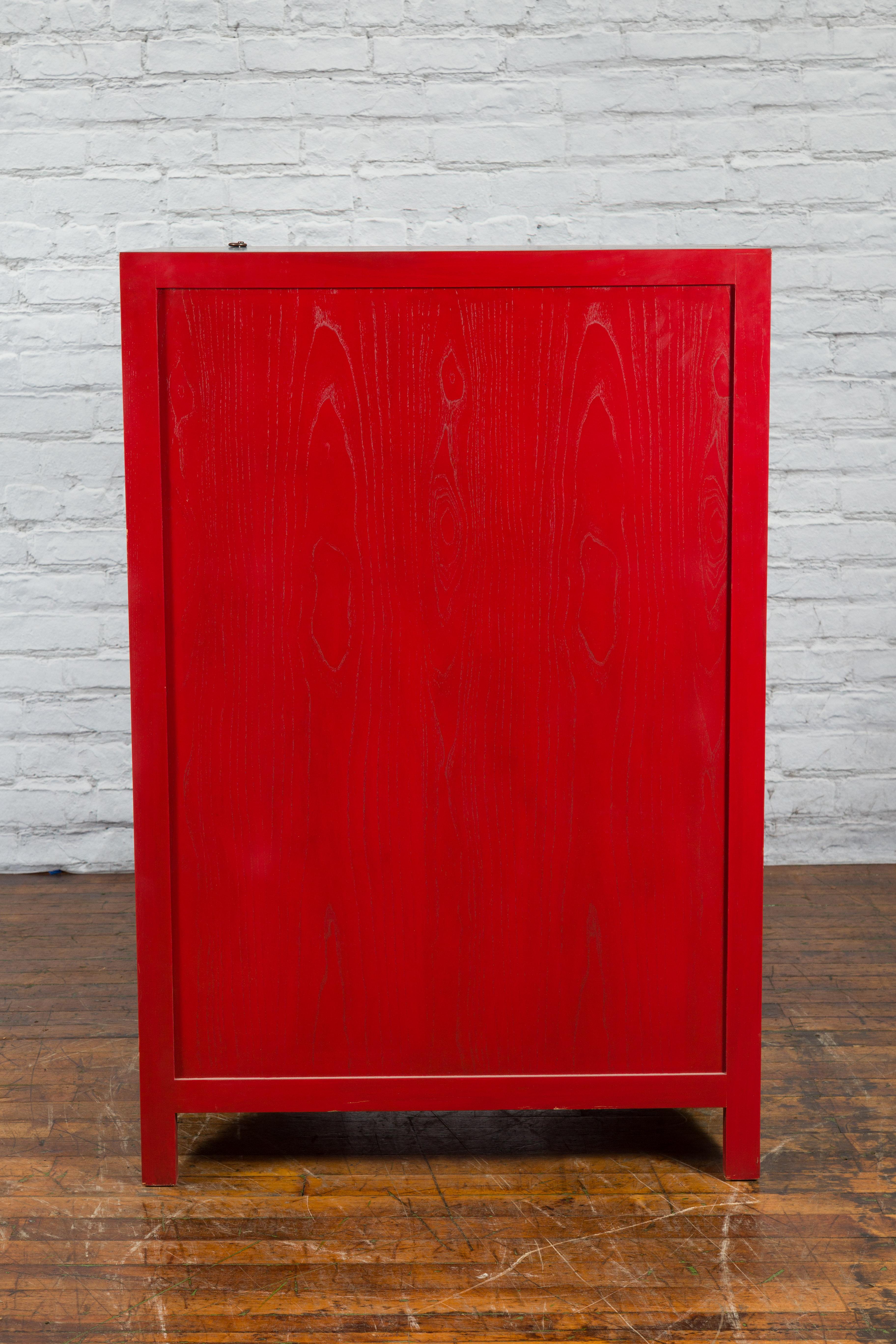 Chinese Antique Style Red Lacquered Liquor Cabinet with Revolving Hidden Panel For Sale 10