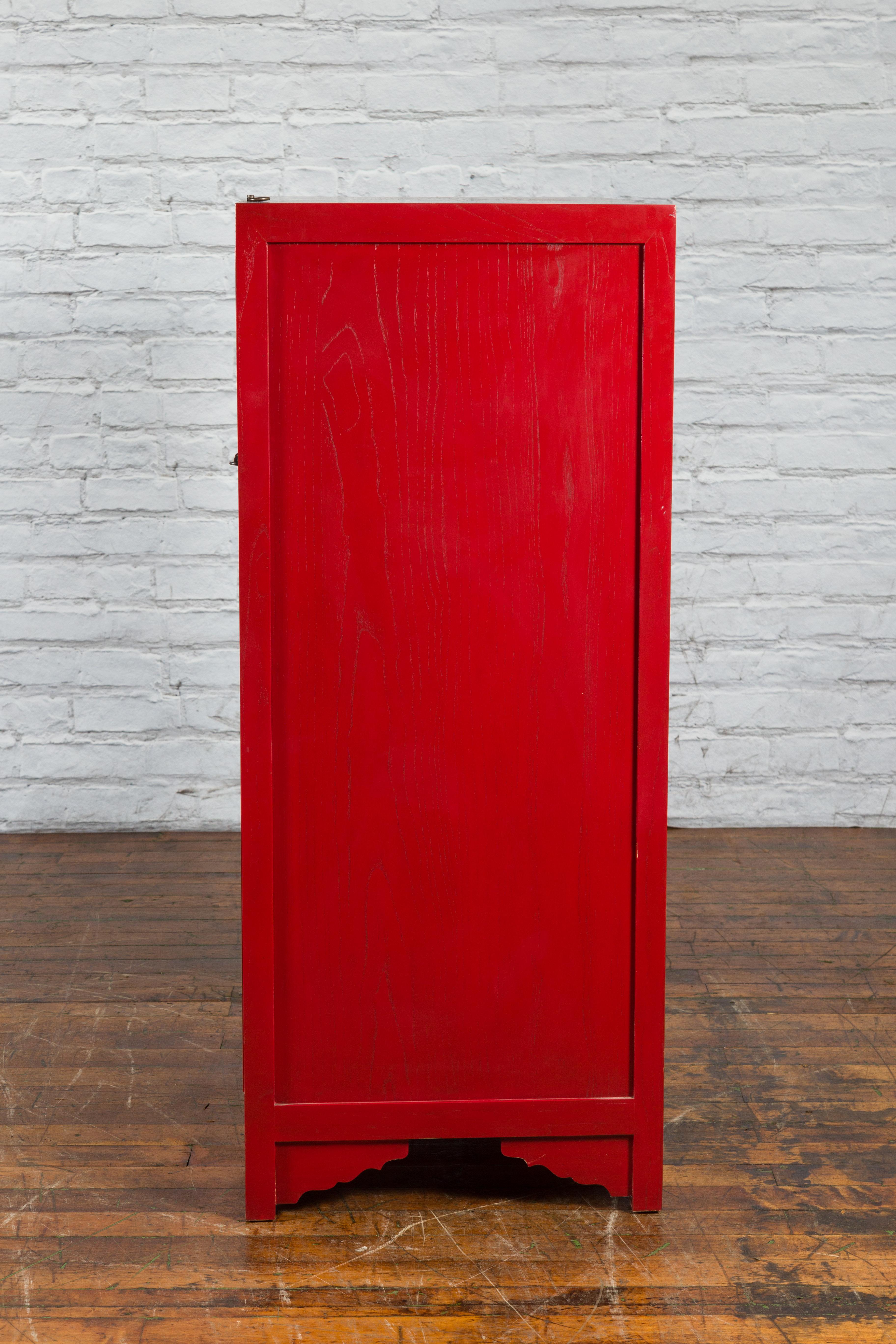 Chinese Antique Style Red Lacquered Liquor Cabinet with Revolving Hidden Panel For Sale 11