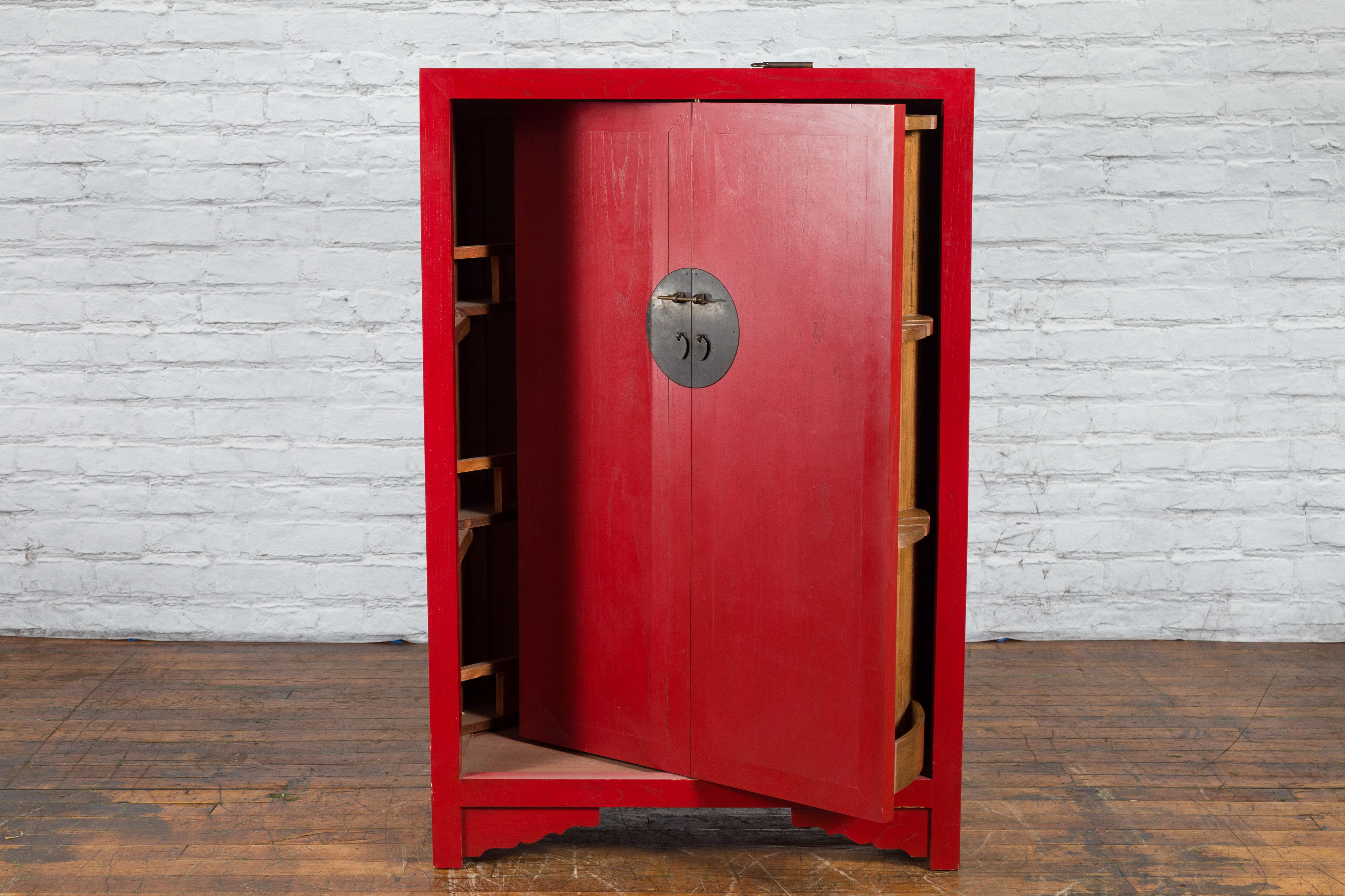 Contemporary Chinese Antique Style Red Lacquered Liquor Cabinet with Revolving Hidden Panel For Sale