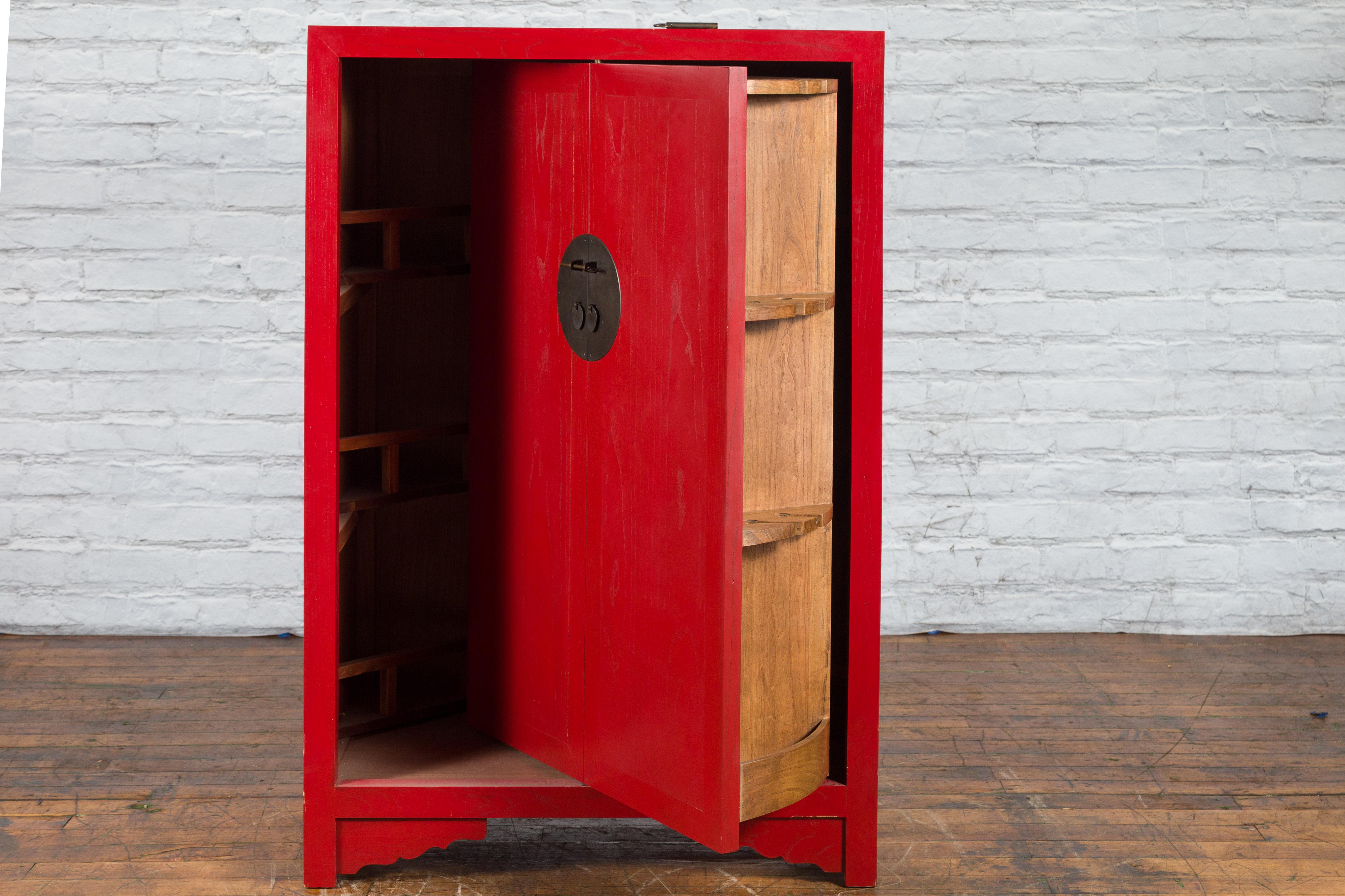 Brass Chinese Antique Style Red Lacquered Liquor Cabinet with Revolving Hidden Panel For Sale