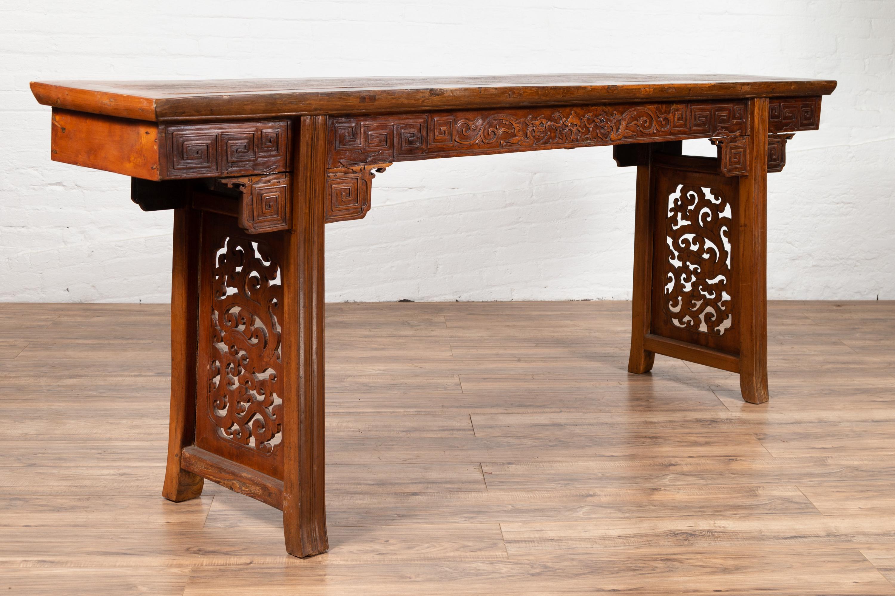 Chinese Antique Tall Altar Console Table with Meander Motifs and Carved Sides 2